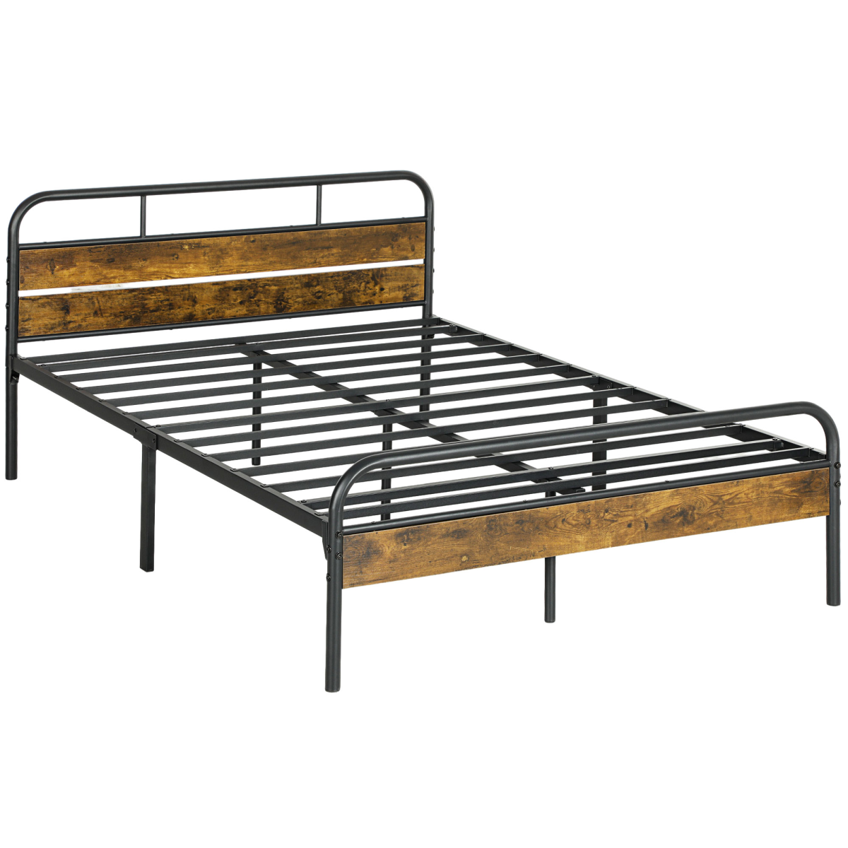 Homcom Double Bed Frame With Headboard, No Box Spring Needed, Rustic Brown