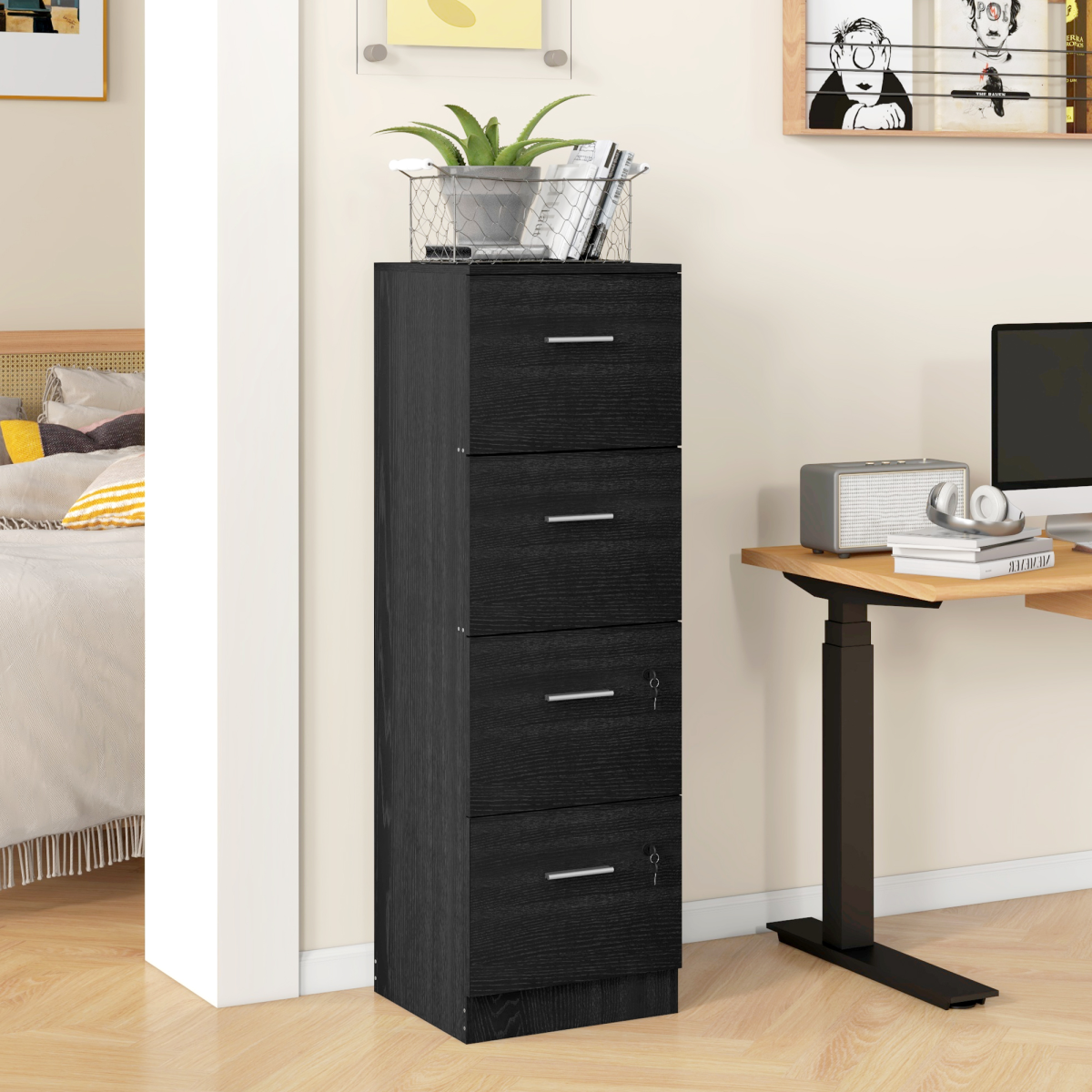 4 Drawer Locking Filing Cabinet Wood Effect Office File Storage with Wheels - Produktbild 1