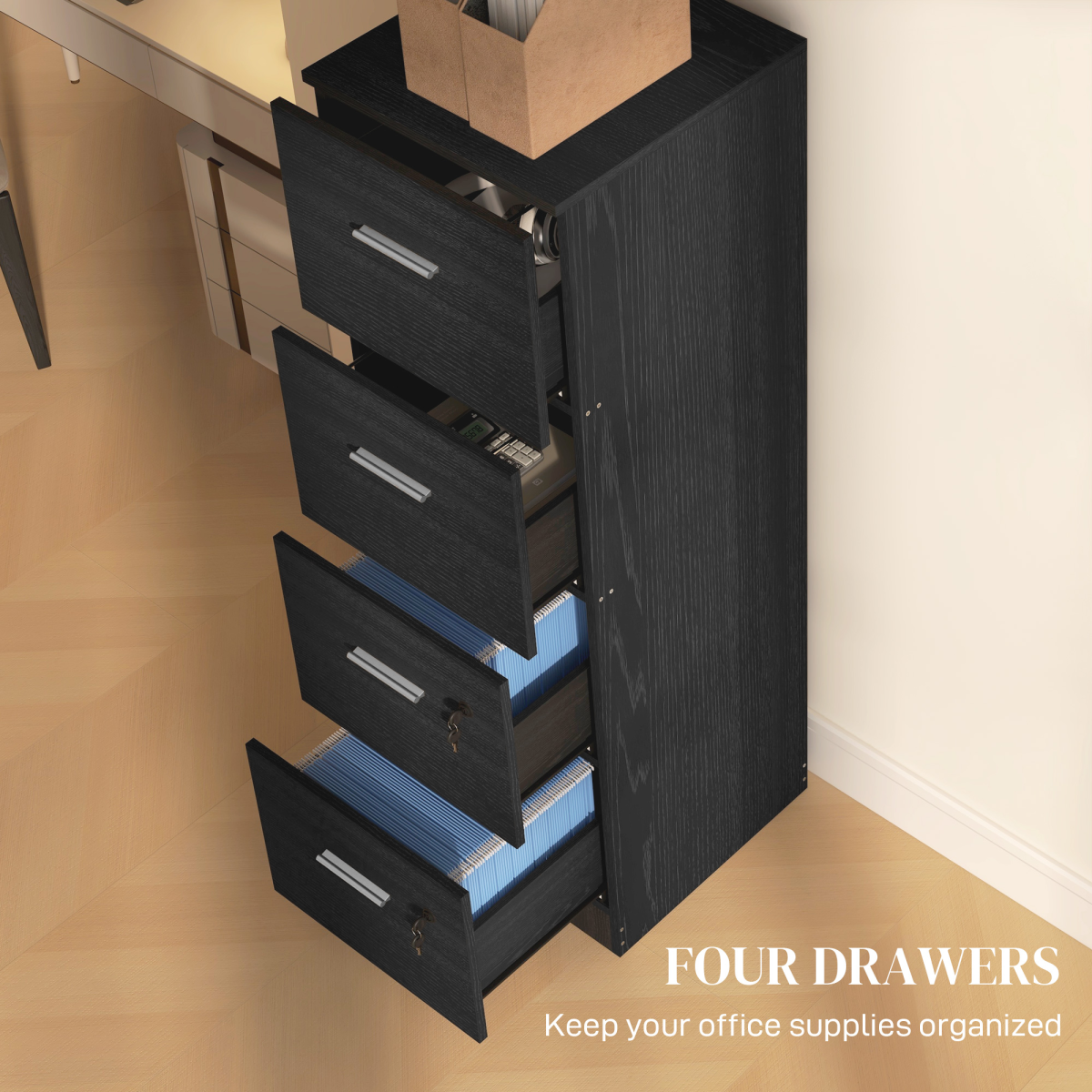 4 Drawer Locking Filing Cabinet Wood Effect Office File Storage with Wheels - Produktbild 3