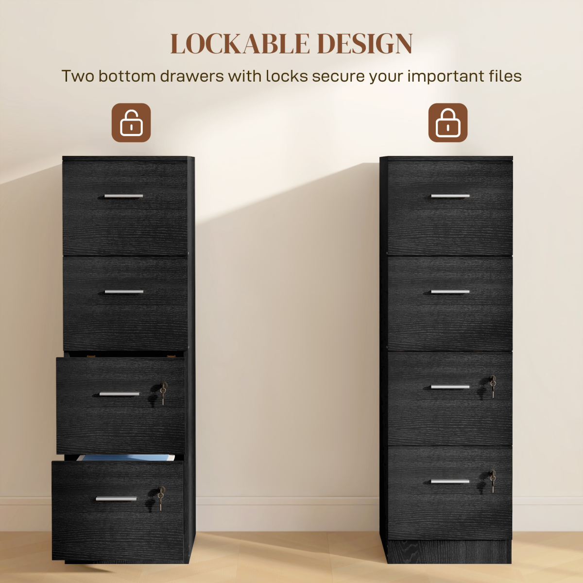 4 Drawer Locking Filing Cabinet Wood Effect Office File Storage with Wheels - Produktbild 5