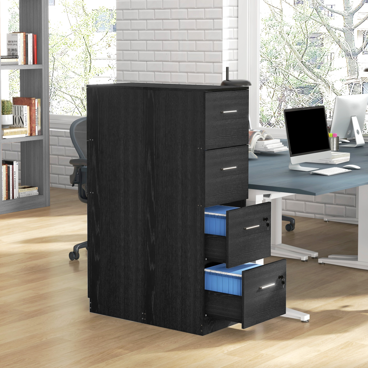 4 Drawer Locking Filing Cabinet Wood Effect Office File Storage with Wheels - Produktbild 7