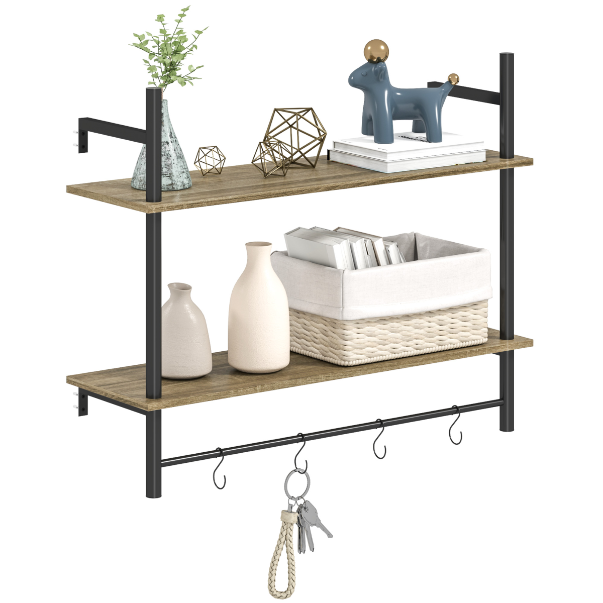 Homcom Wall Shelf Unit With 4 Hooks For Living Room, Entryway, Grey