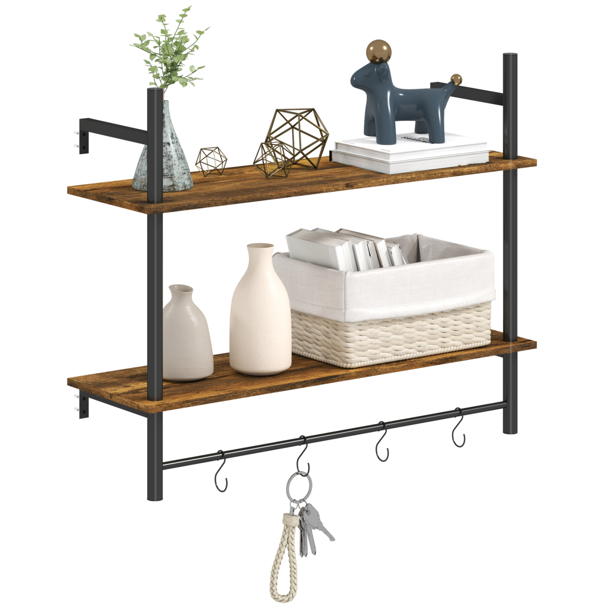 Homcom Wall Shelf Unit With 4 Hooks For Living Room, Entryway, Rustic Brown