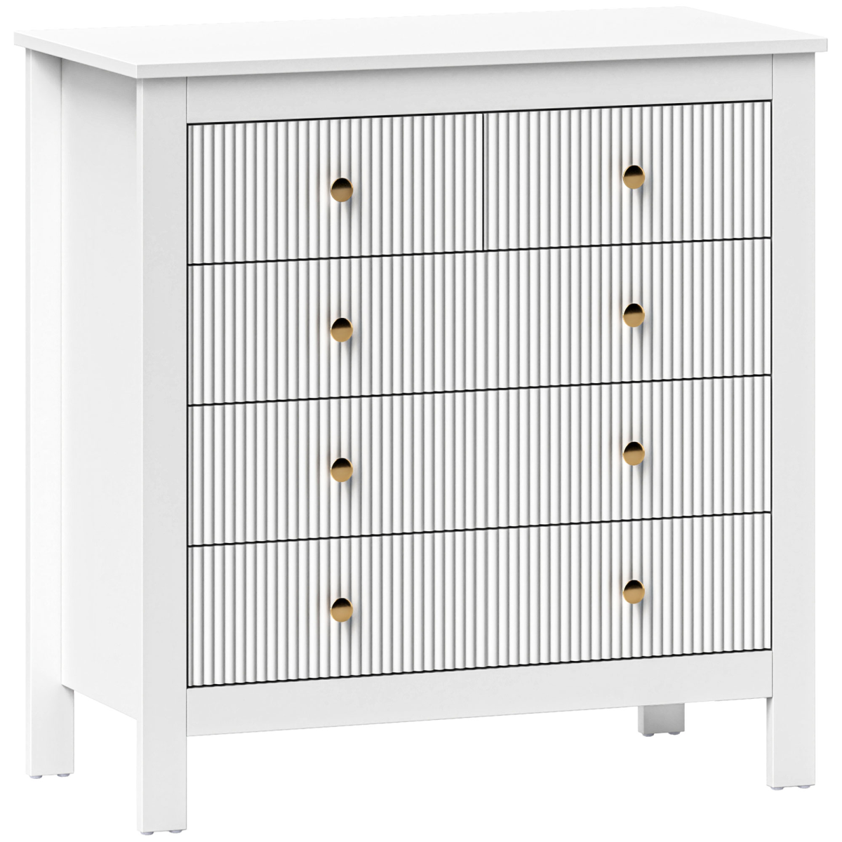 Homcom Fluted Bedroom Chest Of Drawers W/ 5 Drawers Gold Tone Handles White
