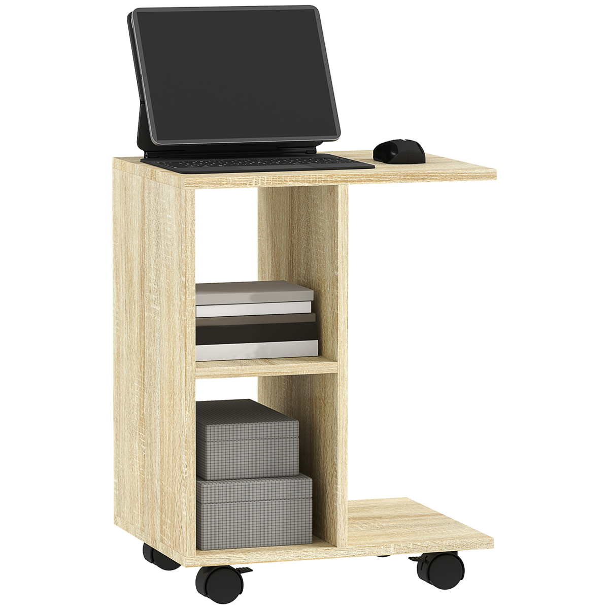 Homcom C-Shape End Table Storage Unit W/ 2 Shelves 4 Wheels Home Natural