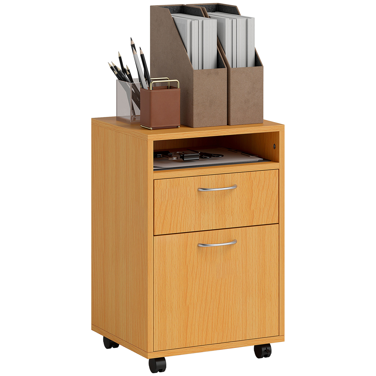 Homcom 60cm Filing Cabinet With Drawers And Open Shelf, Natural