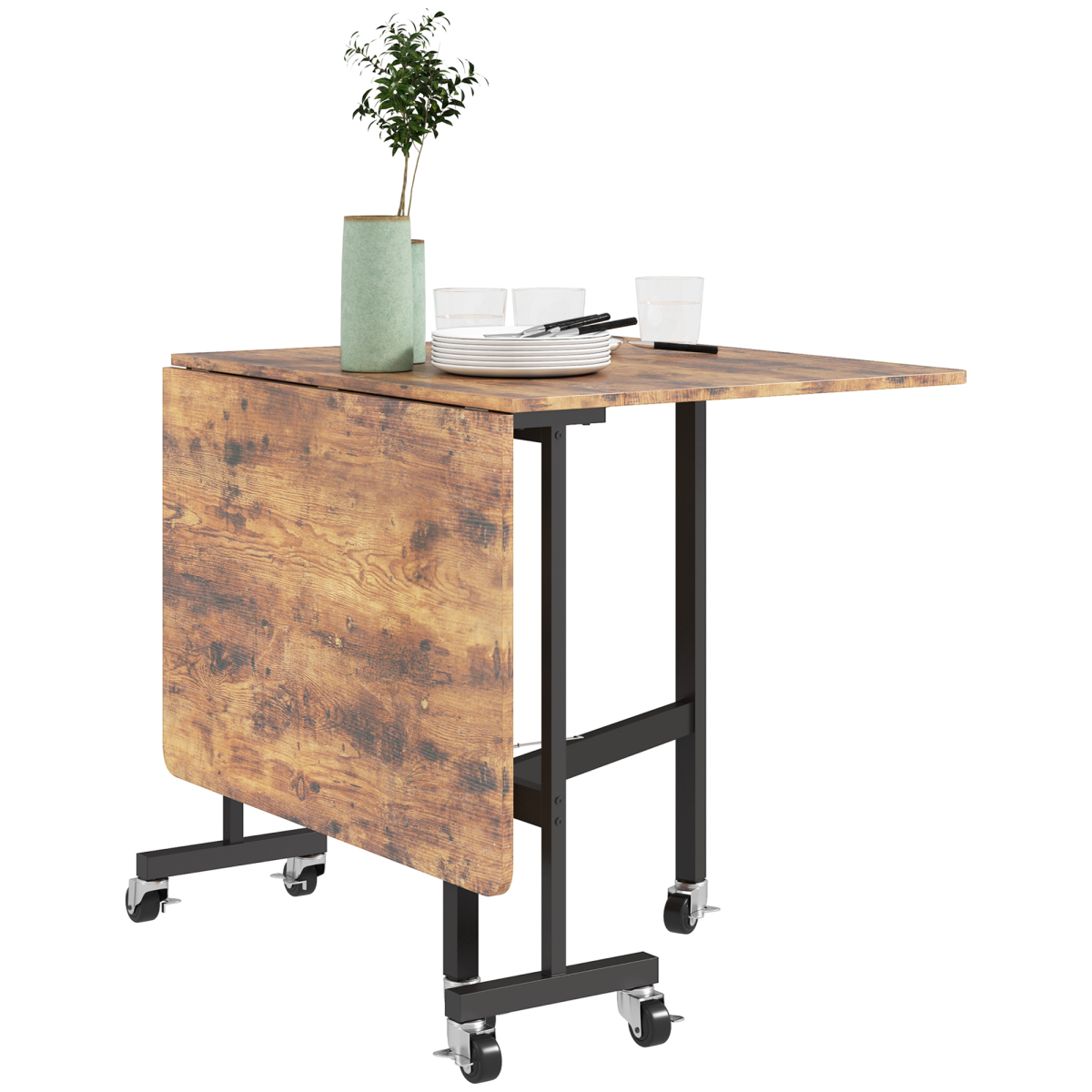 Homcom Mobile Drop Leaf Table, Folding Kitchen Table With 6 Wheels, Brown