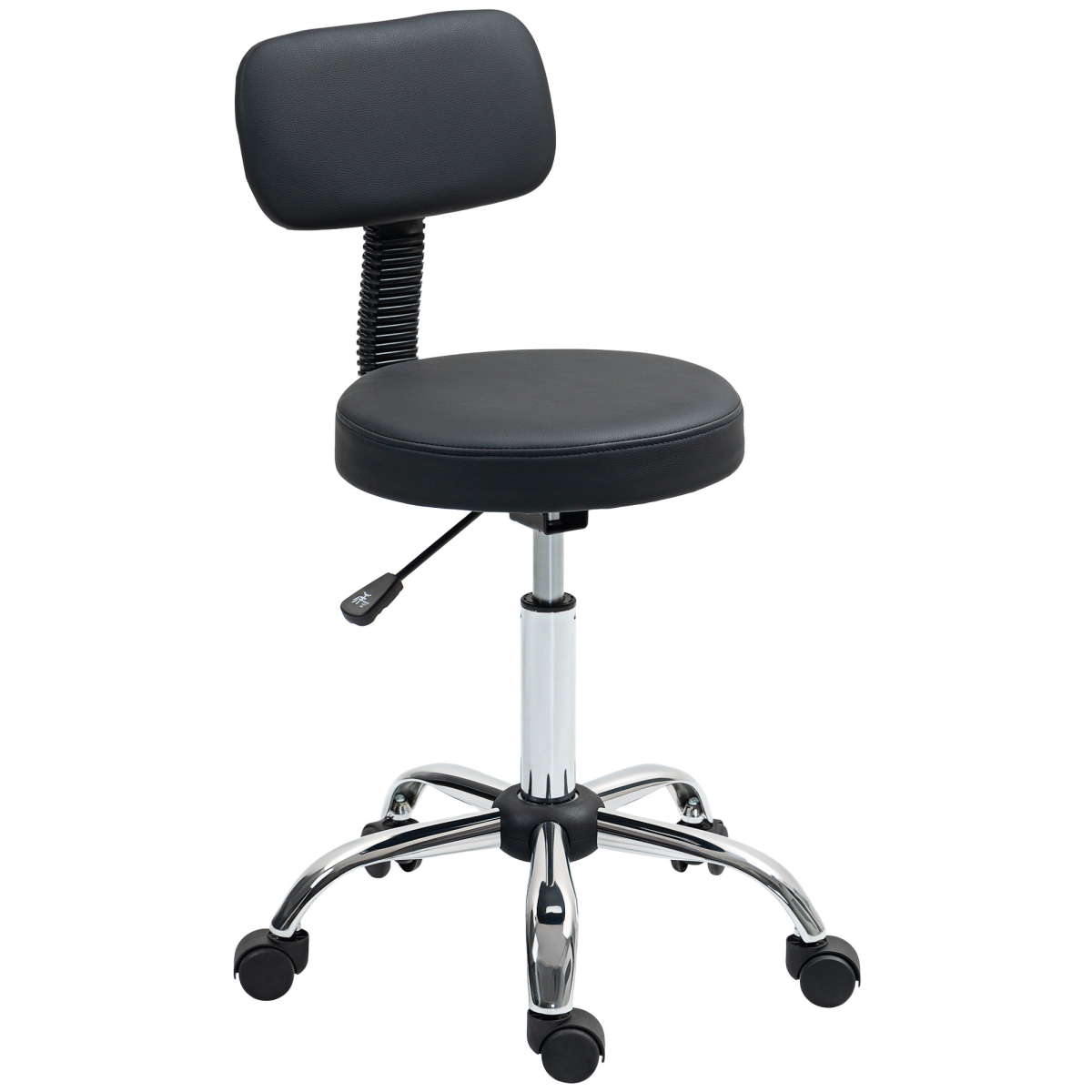 Homcom Rolling Stool With Backrest, Wheels, Faux Leather Salon Chair, Black