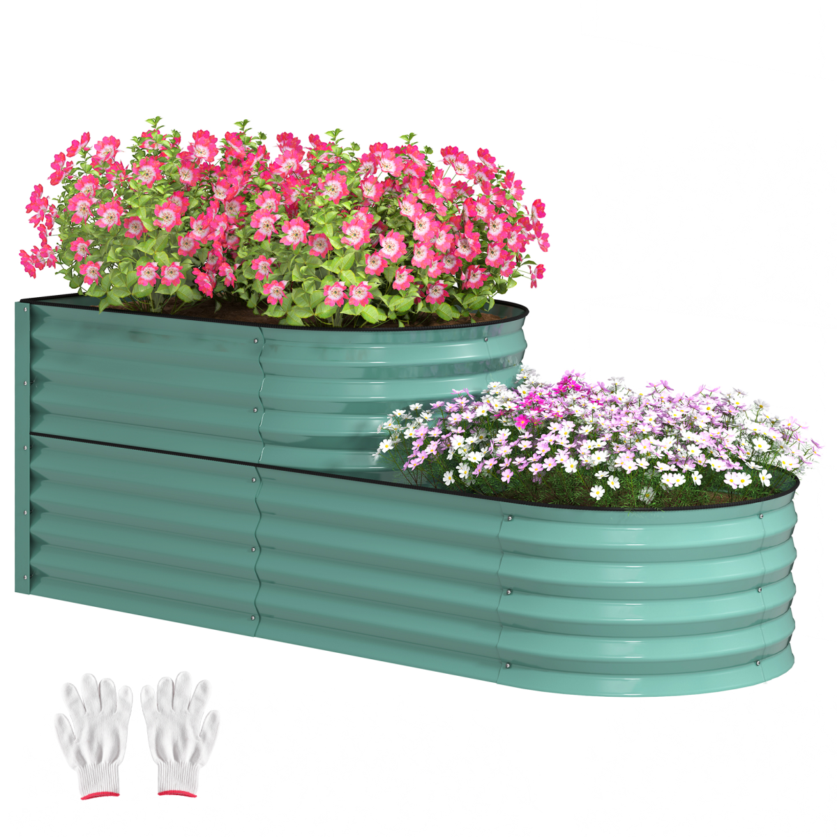 Outsunny 2-Tier Galvanised Raised Garden Bed with Safety Edging, Dark Green