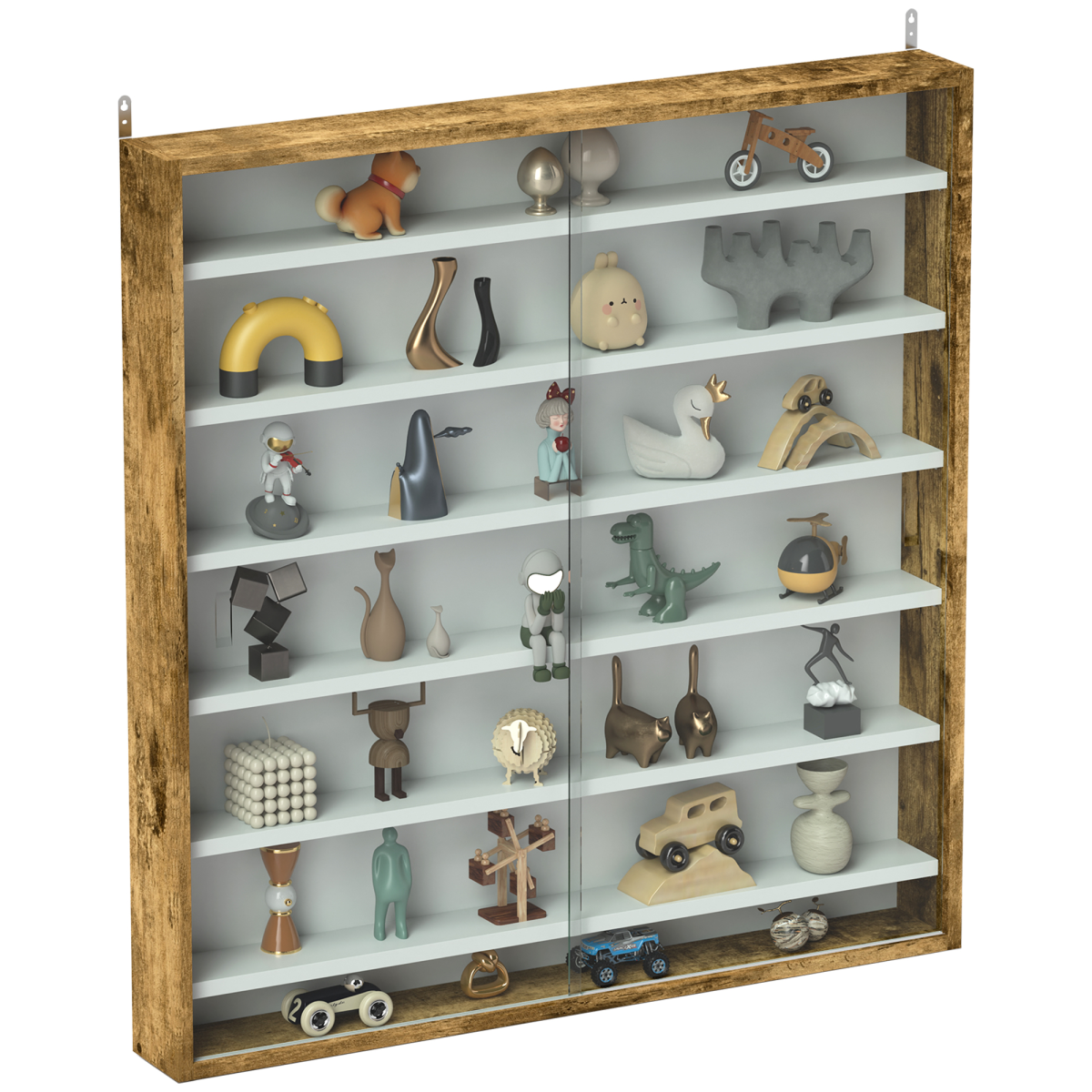 Homcom 7-Tier Wall Display Cabinet W/ Shelves Glass Doors, Rustic Brown