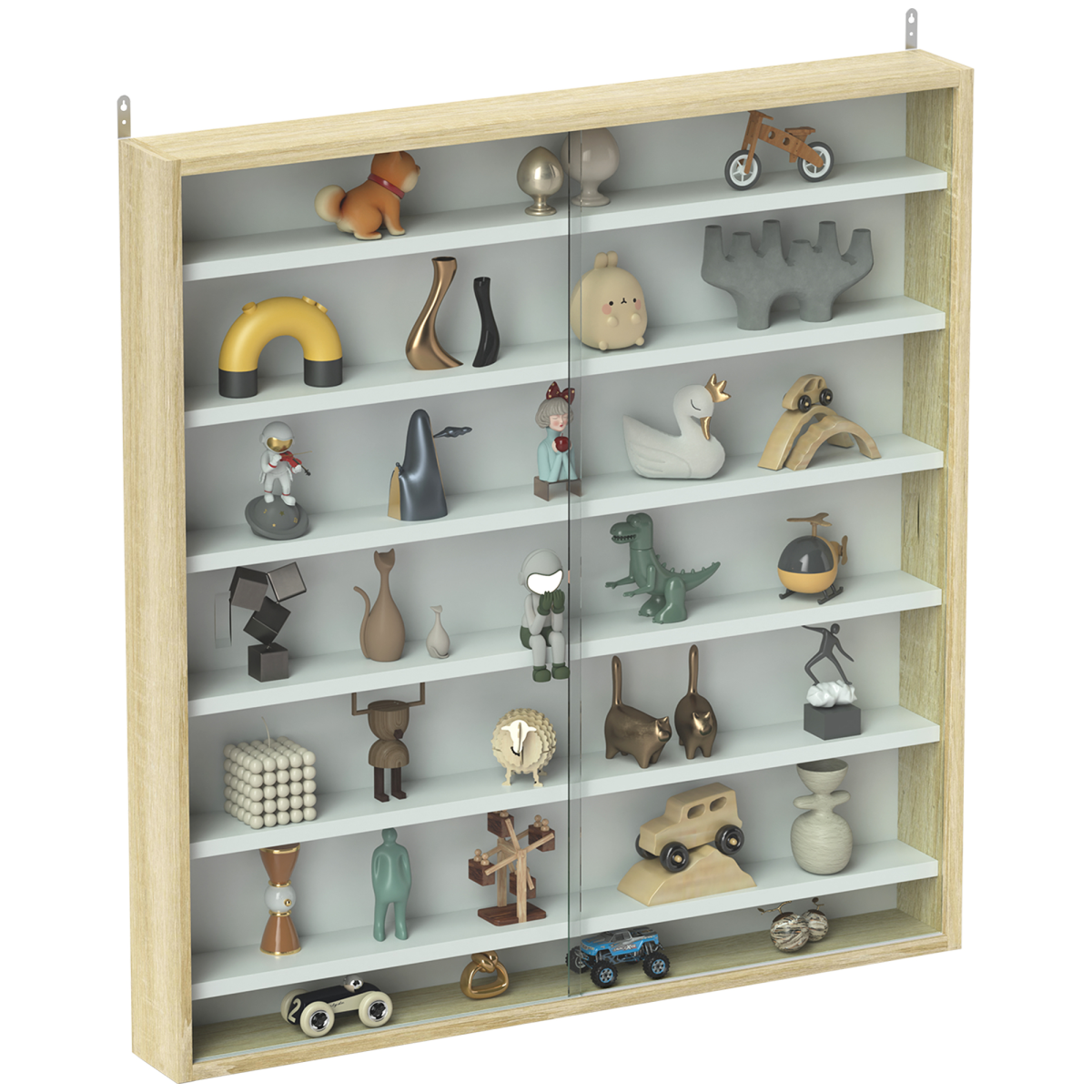 Homcom 7-Tier Wall Display Cabinet W/ Shelves Glass Doors, Oak