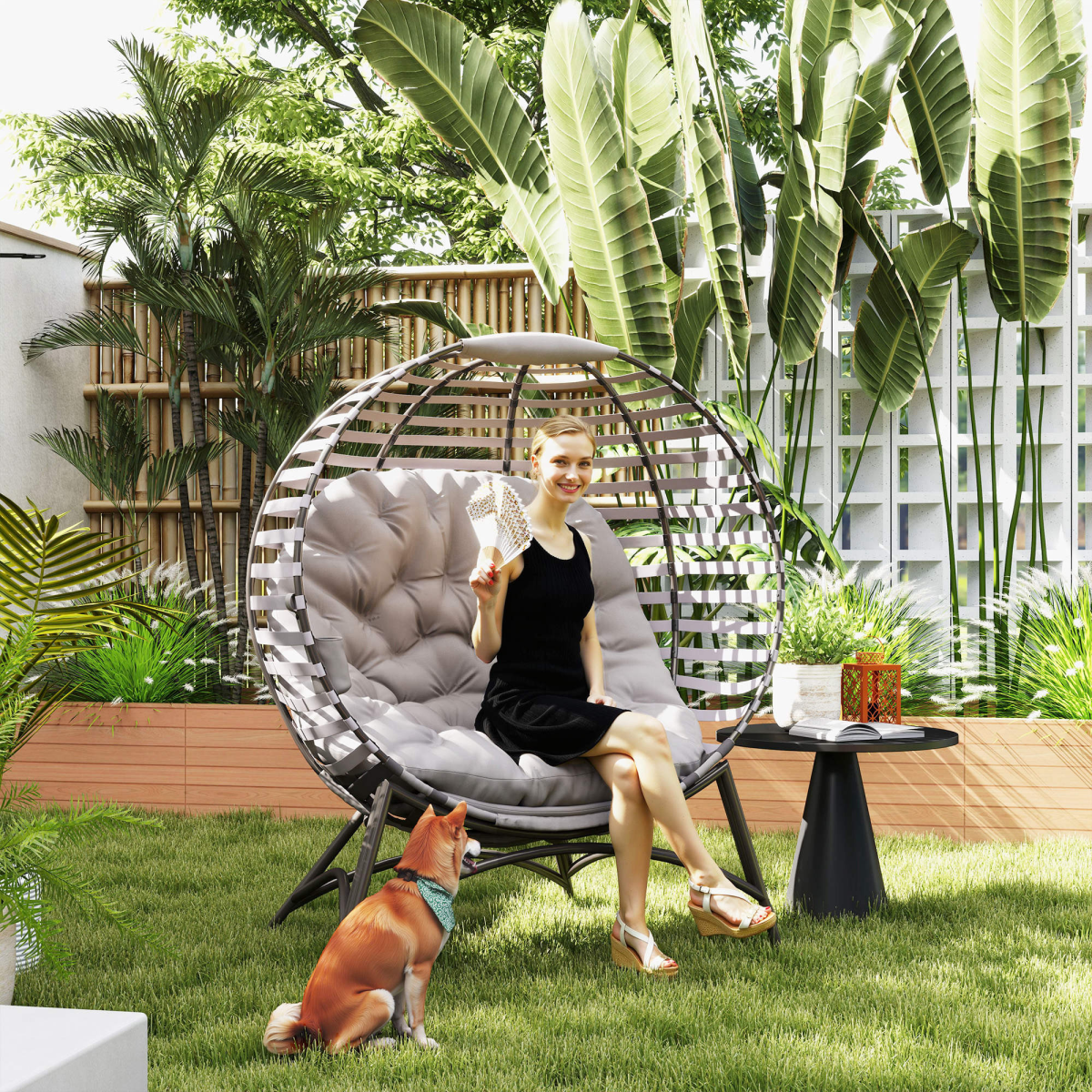 Outdoor Egg Chair Foldable Garden Lounge Chair with Cushion Grey Patio Seat - Produktbild 2