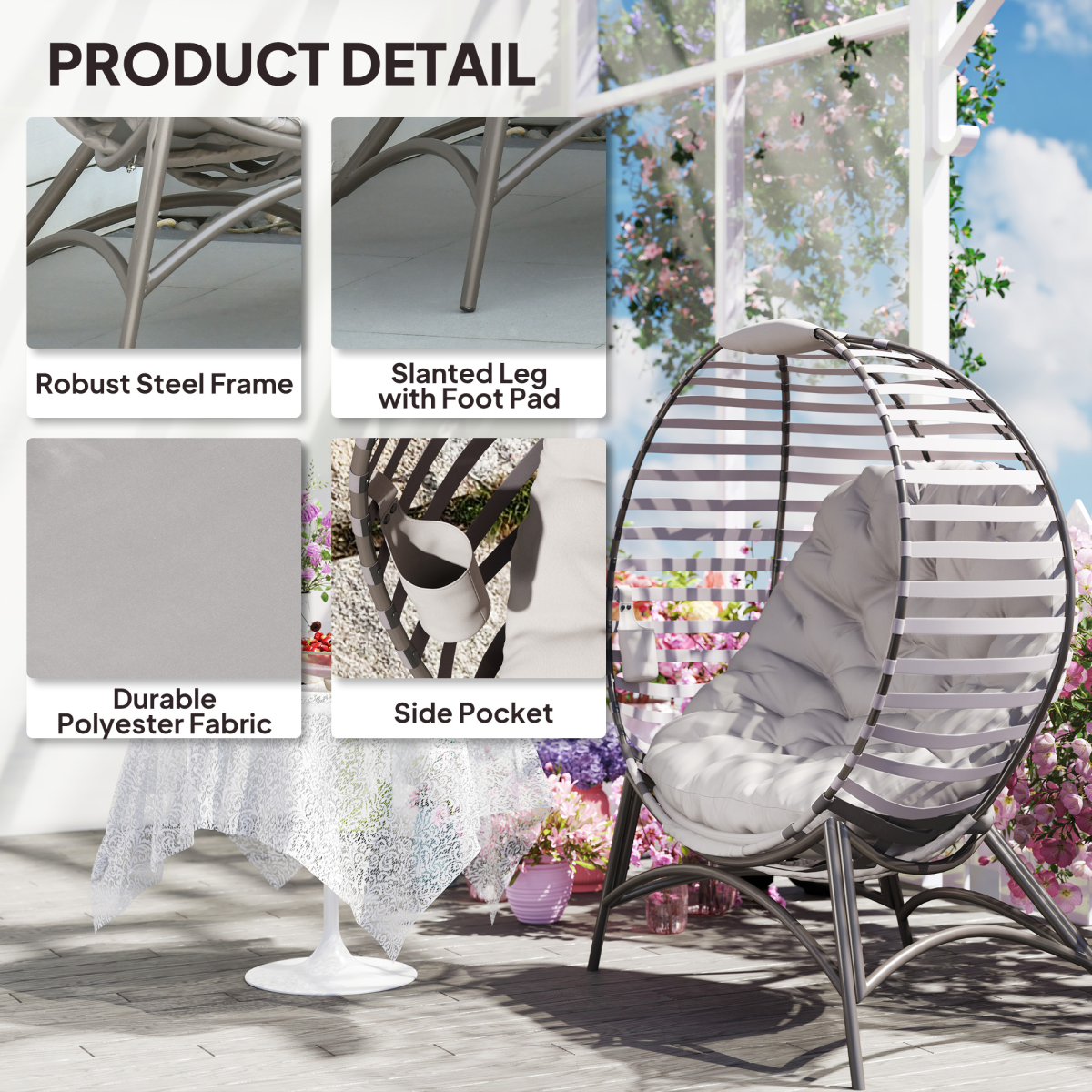 Outdoor Egg Chair Foldable Garden Lounge Chair with Cushion Grey Patio Seat - Produktbild 3