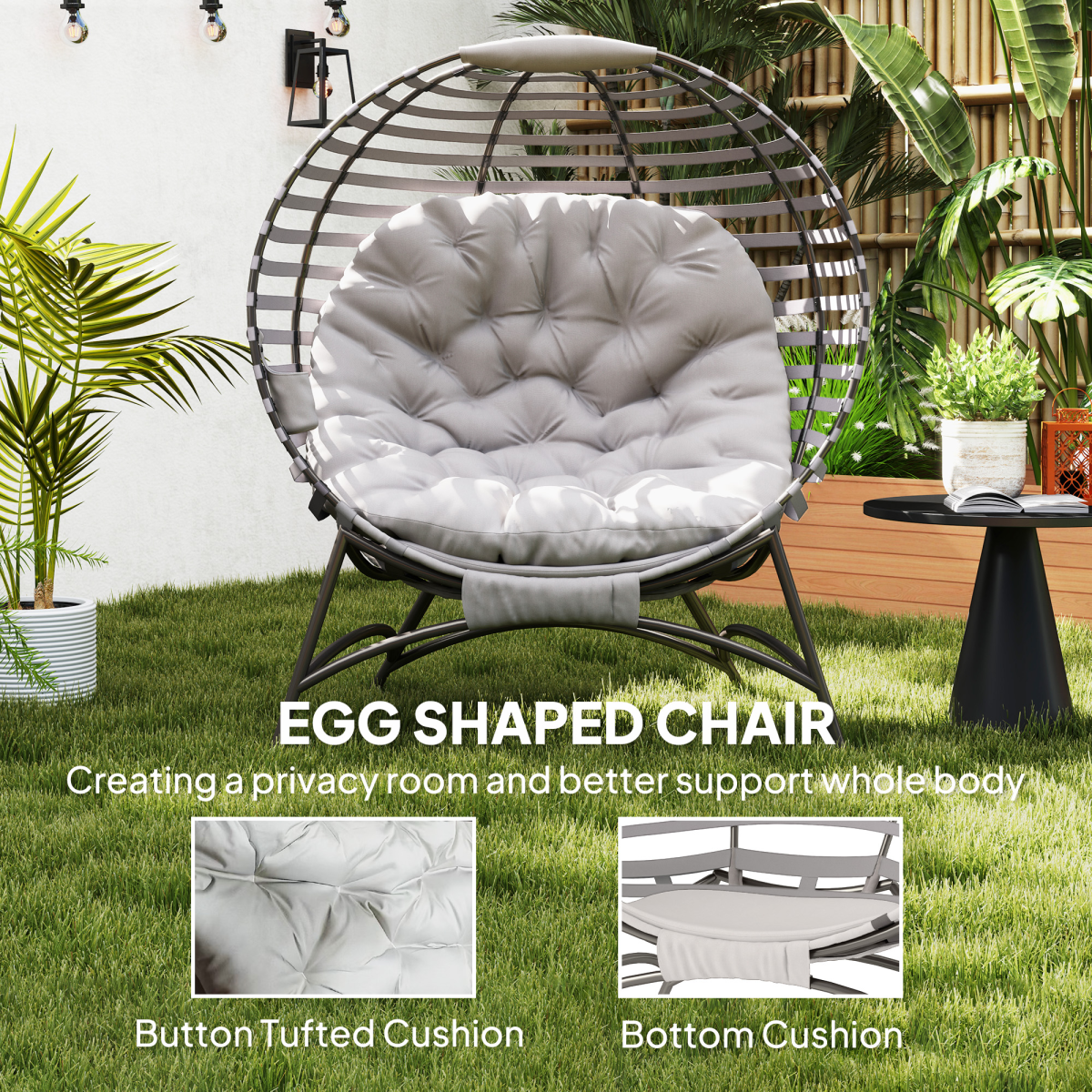 Outdoor Egg Chair Foldable Garden Lounge Chair with Cushion Grey Patio Seat - Produktbild 4