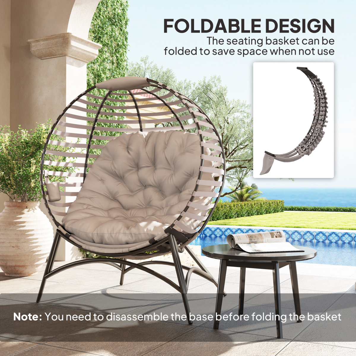 Outdoor Egg Chair Foldable Garden Lounge Chair with Cushion Grey Patio Seat - Produktbild 6
