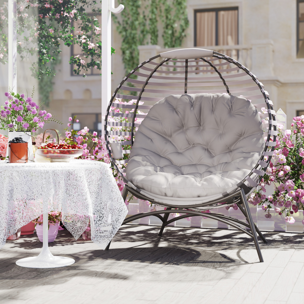 Outdoor Egg Chair Foldable Garden Lounge Chair with Cushion Grey Patio Seat - Produktbild 7
