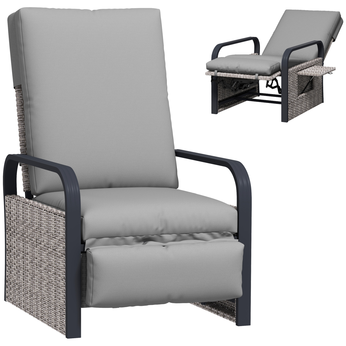 Outsunny Rattan Garden Recliner Chair Sun Lounger W/ Side Tray, Grey