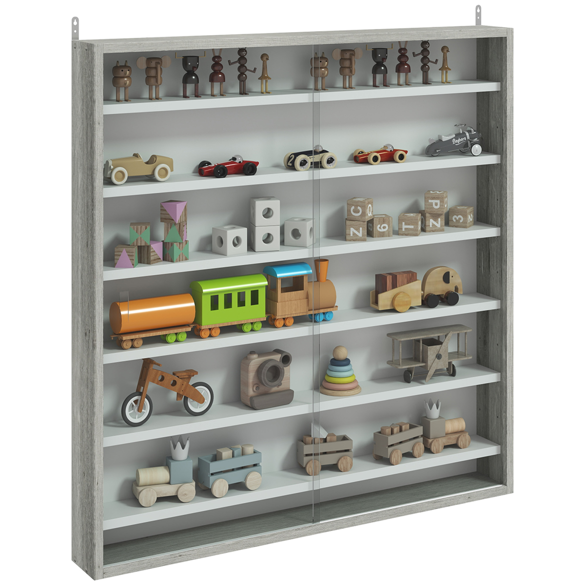 Homcom 7-Tier Wall Display Cabinet W/ Glass Doors, Graphite Wood Effect