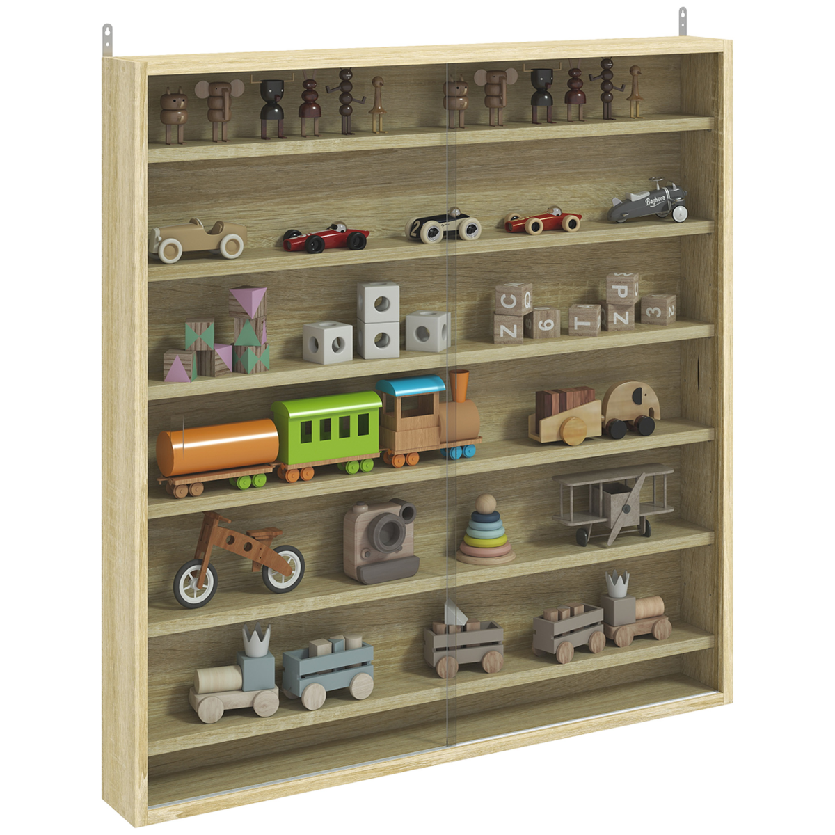 Homcom 7-Tier Wall Display Cabinet W/ Shelves Glass Doors, Oak