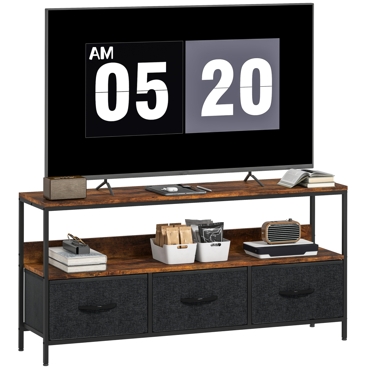 Homcom Tv Cabinet, Tv Console Unit With 3 Foldable Linen Drawers Brown