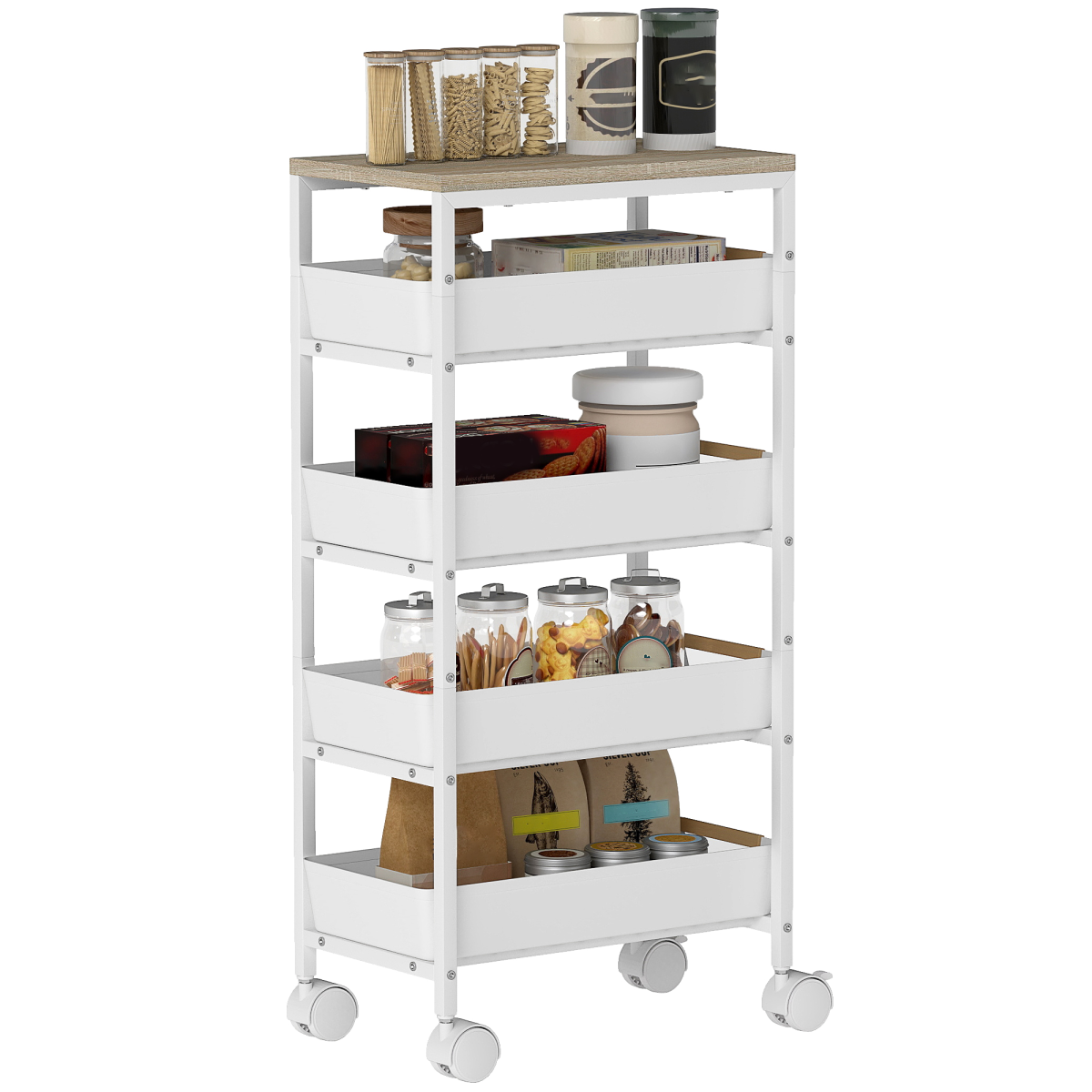 HOMCOM Slim Kitchen Storage Trolley Cart with 4 Drawers - White