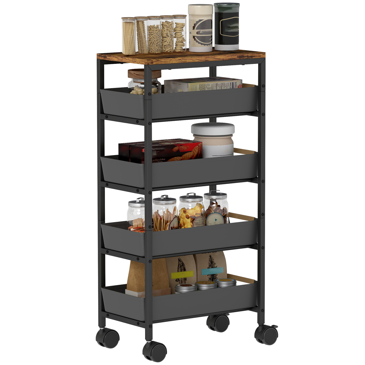 HOMCOM Wood-Effect Top Storage Trolley with 4 Drawers - Slim 24cm Deep - Black