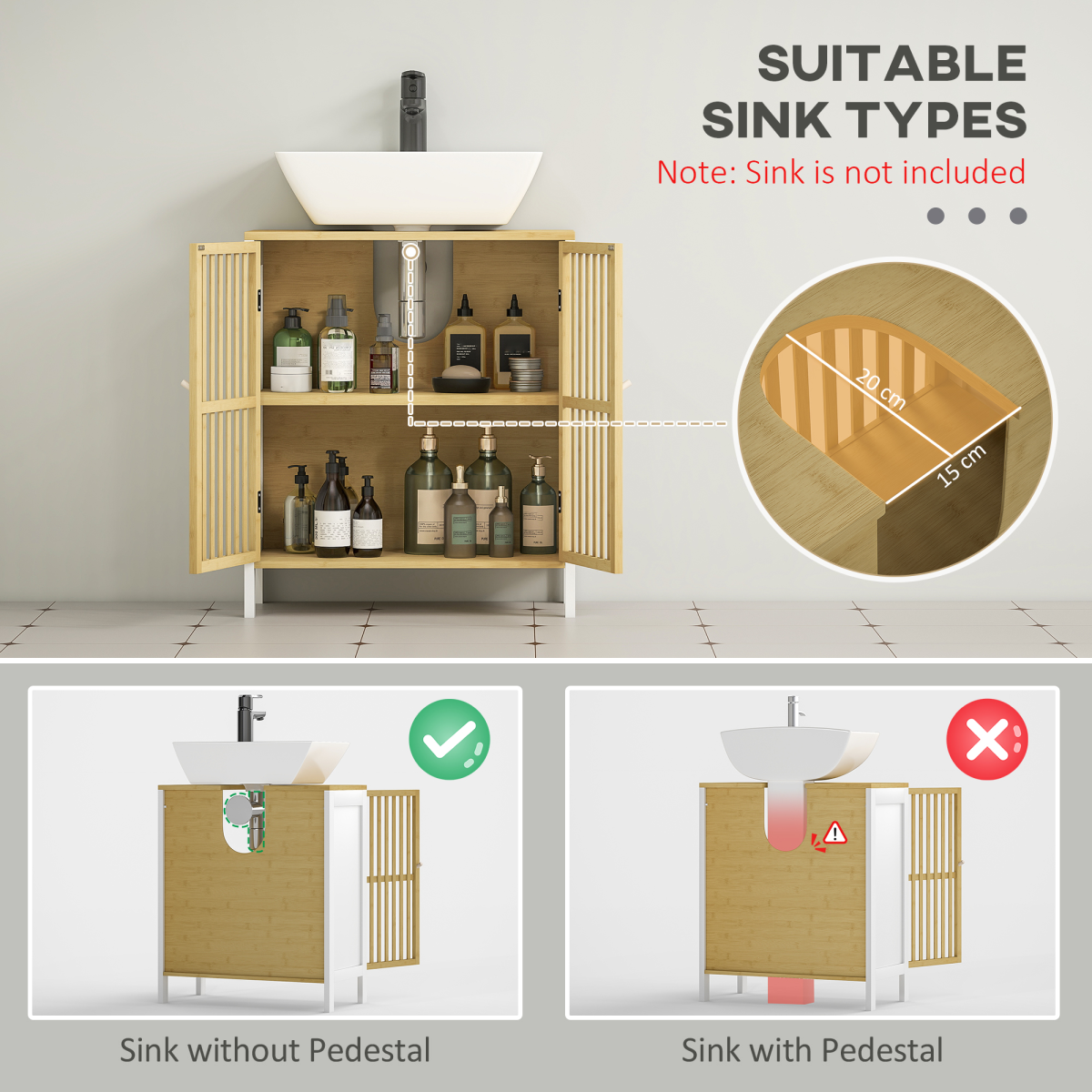 Under Sink Bathroom Cabinet, Bamboo Sink Storage Cabinet Slat Doors HOMCOM - Picture 14 of 20