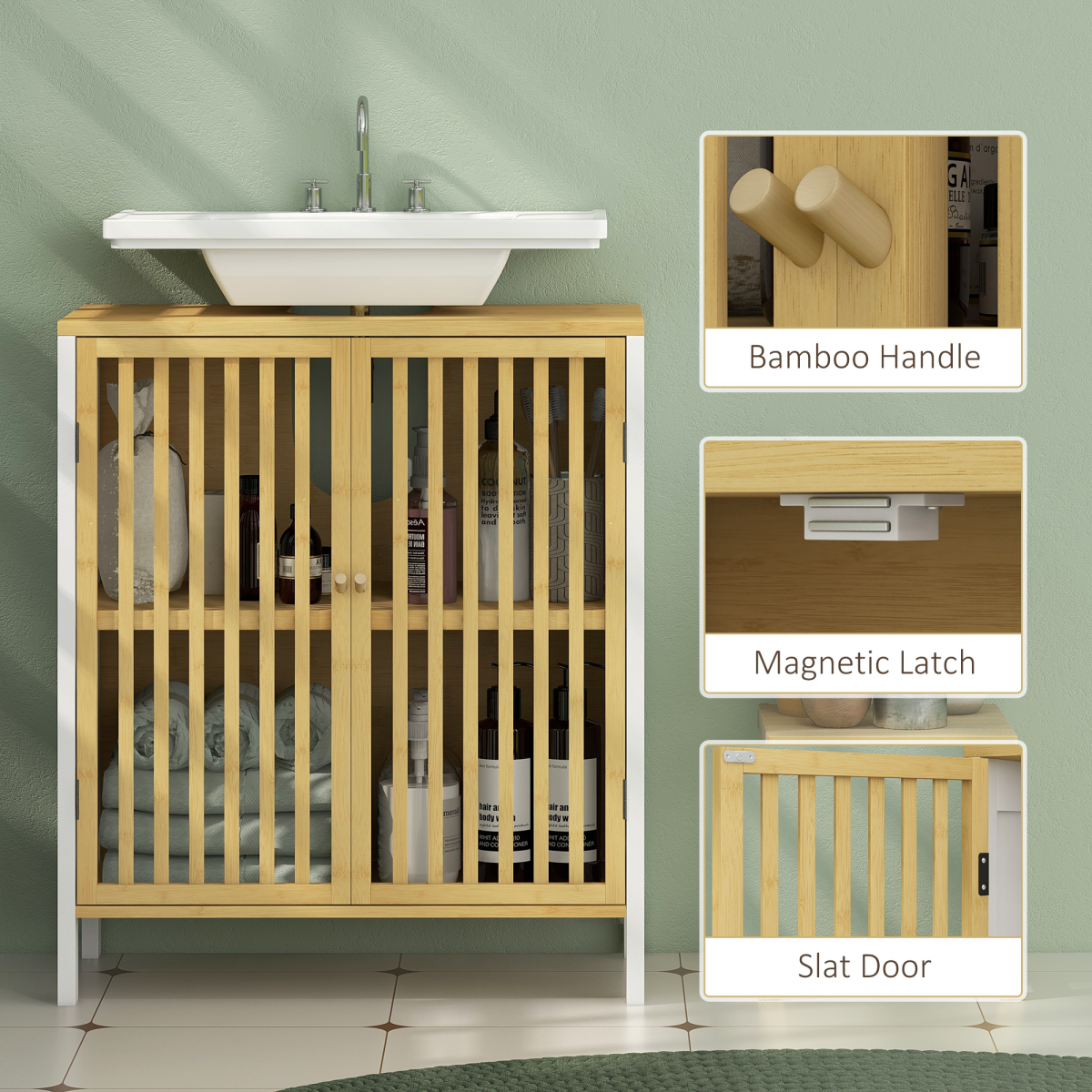 Under Sink Bathroom Cabinet, Bamboo Sink Storage Cabinet Slat Doors HOMCOM - Picture 18 of 20