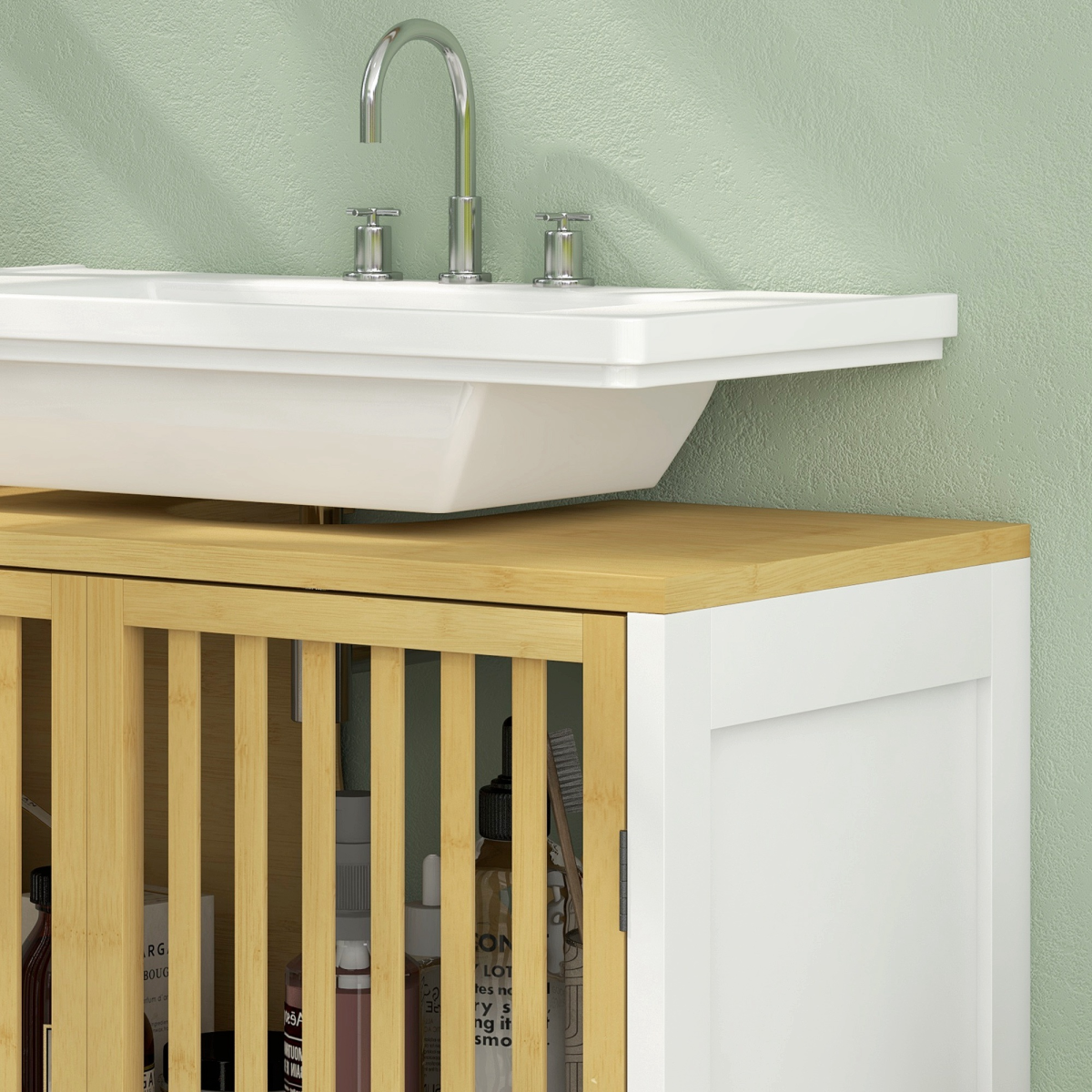 Under Sink Bathroom Cabinet, Bamboo Sink Storage Cabinet Slat Doors HOMCOM - Picture 19 of 20
