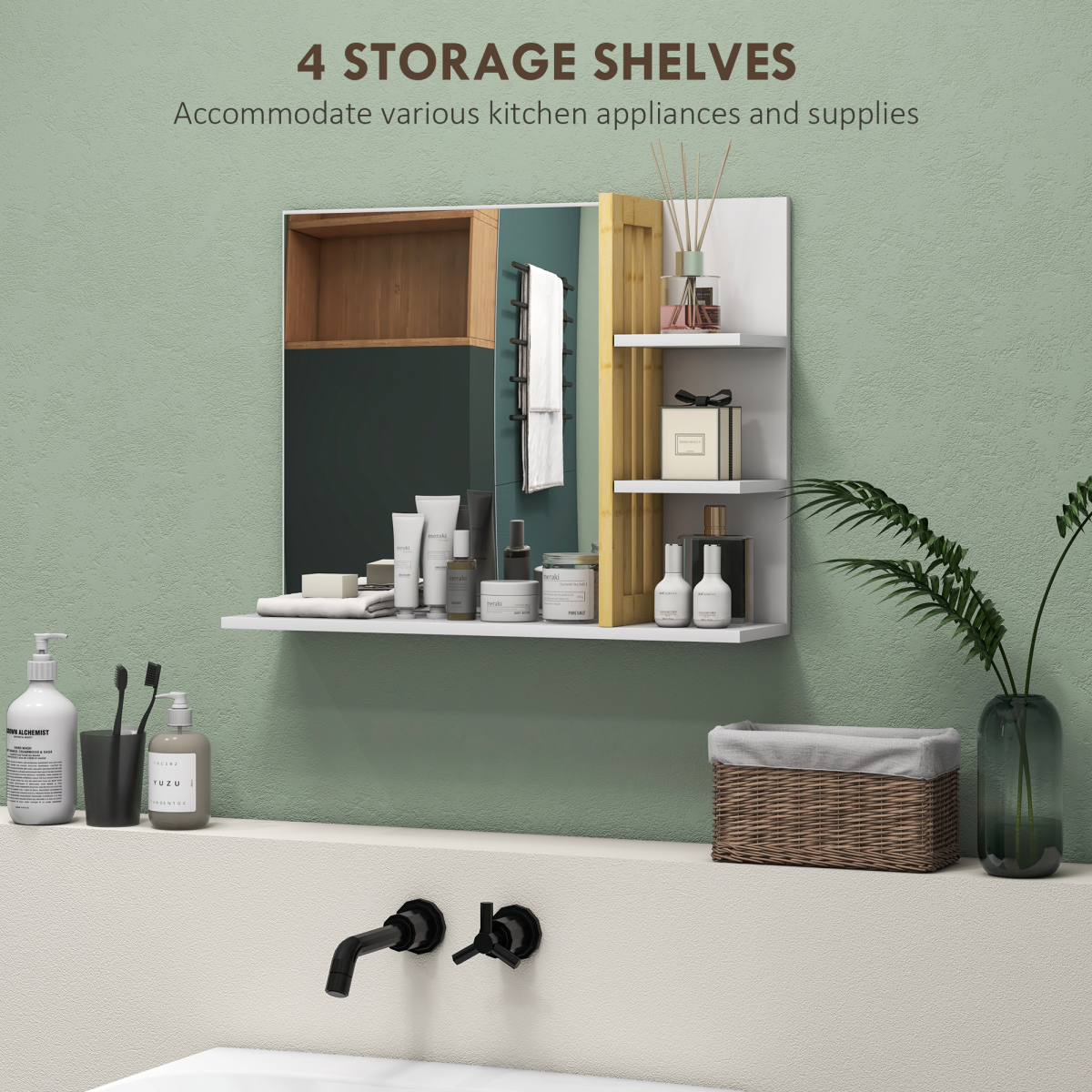HOMCOM Bathroom Mirror Wall Mount Vanity Mirror with 4 Storage Shelves - Picture 14 of 20
