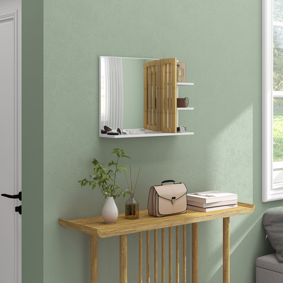 HOMCOM Bathroom Mirror Wall Mount Vanity Mirror with 4 Storage Shelves - Picture 18 of 20