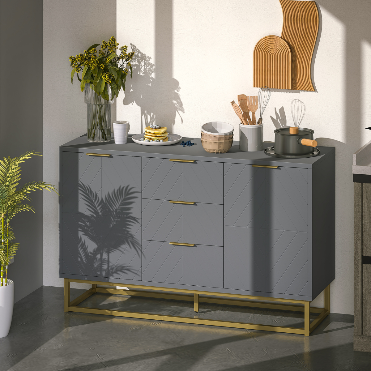 Elegant Sideboard Storage Cabinet with Adjustable Shelves & Gold Tone Base - Picture 13 of 20