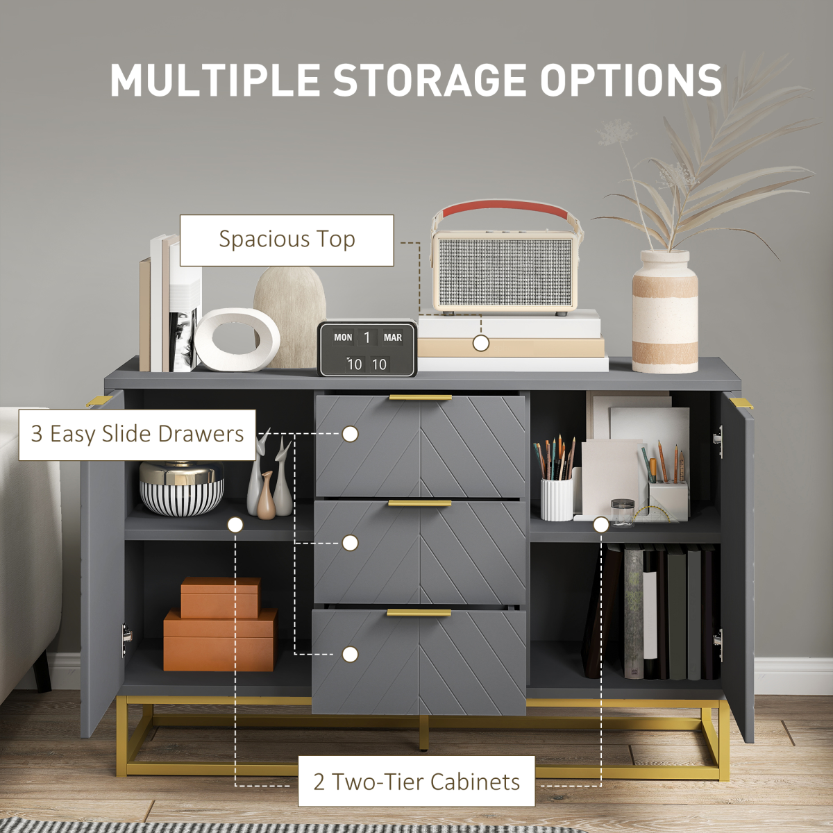 Elegant Sideboard Storage Cabinet with Adjustable Shelves & Gold Tone Base - Picture 15 of 20