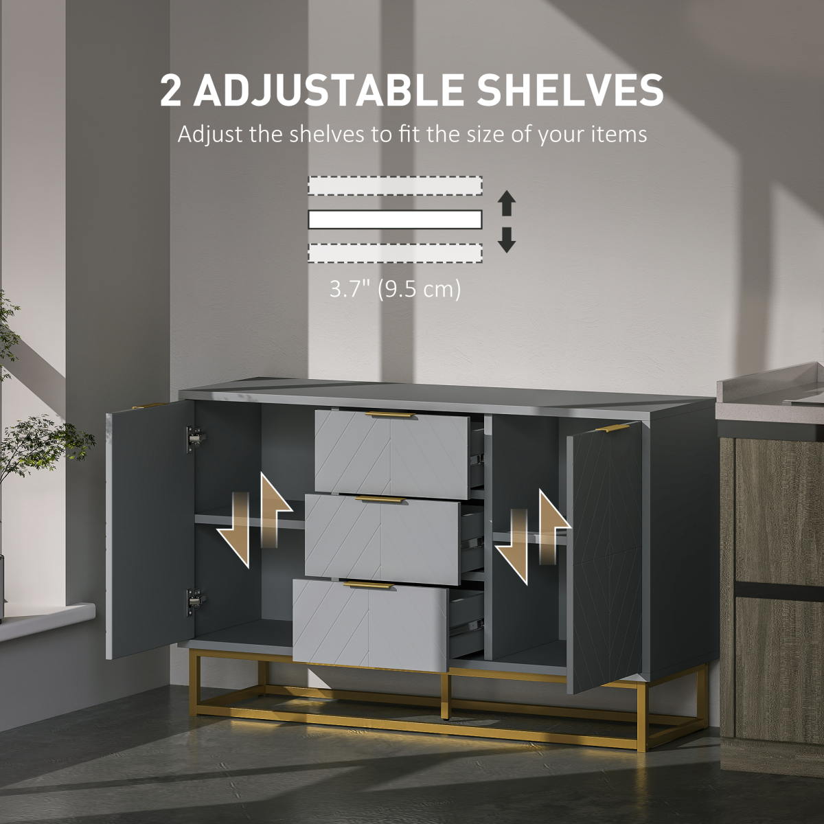 Elegant Sideboard Storage Cabinet with Adjustable Shelves & Gold Tone Base - Picture 17 of 20