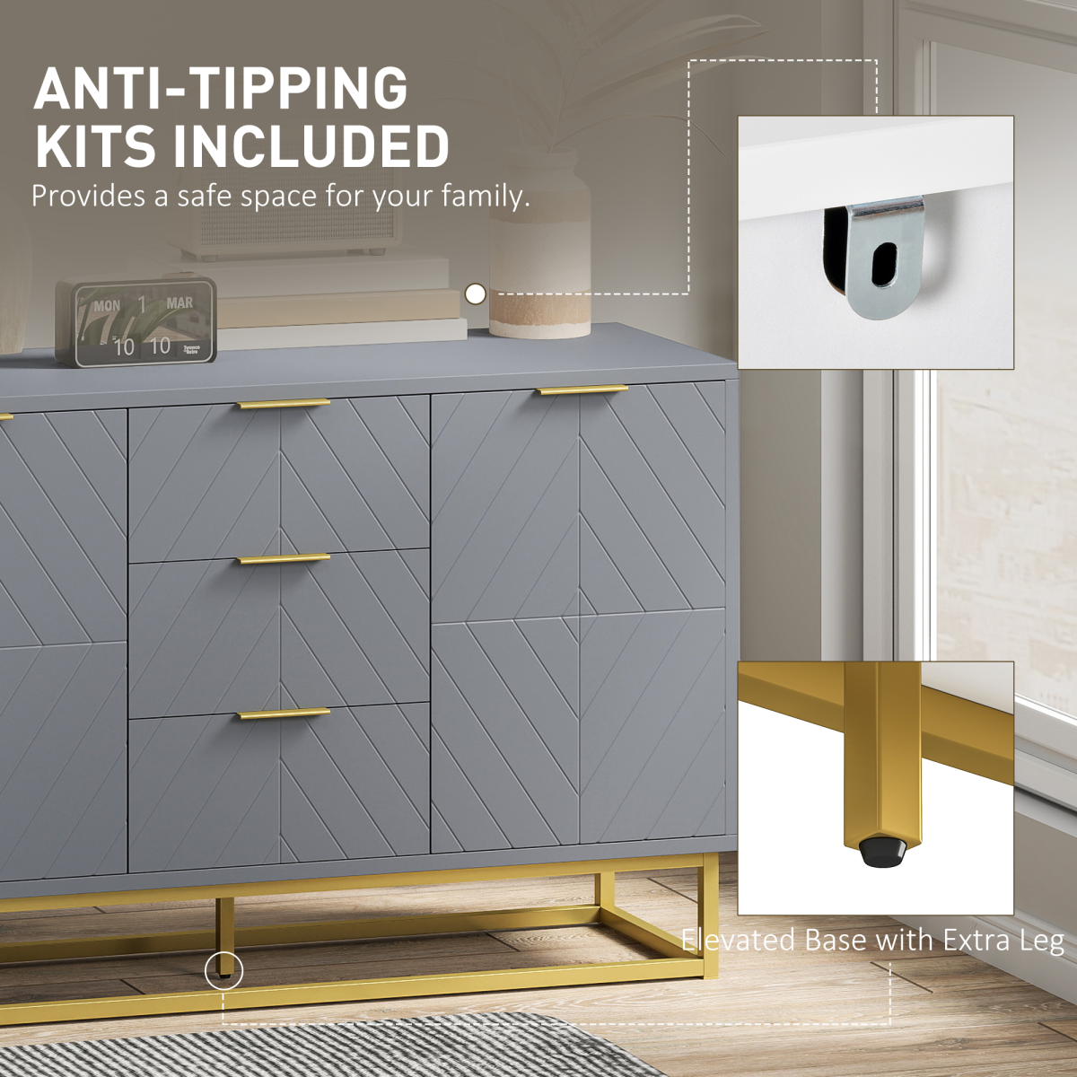 Elegant Sideboard Storage Cabinet with Adjustable Shelves & Gold Tone Base - Picture 18 of 20