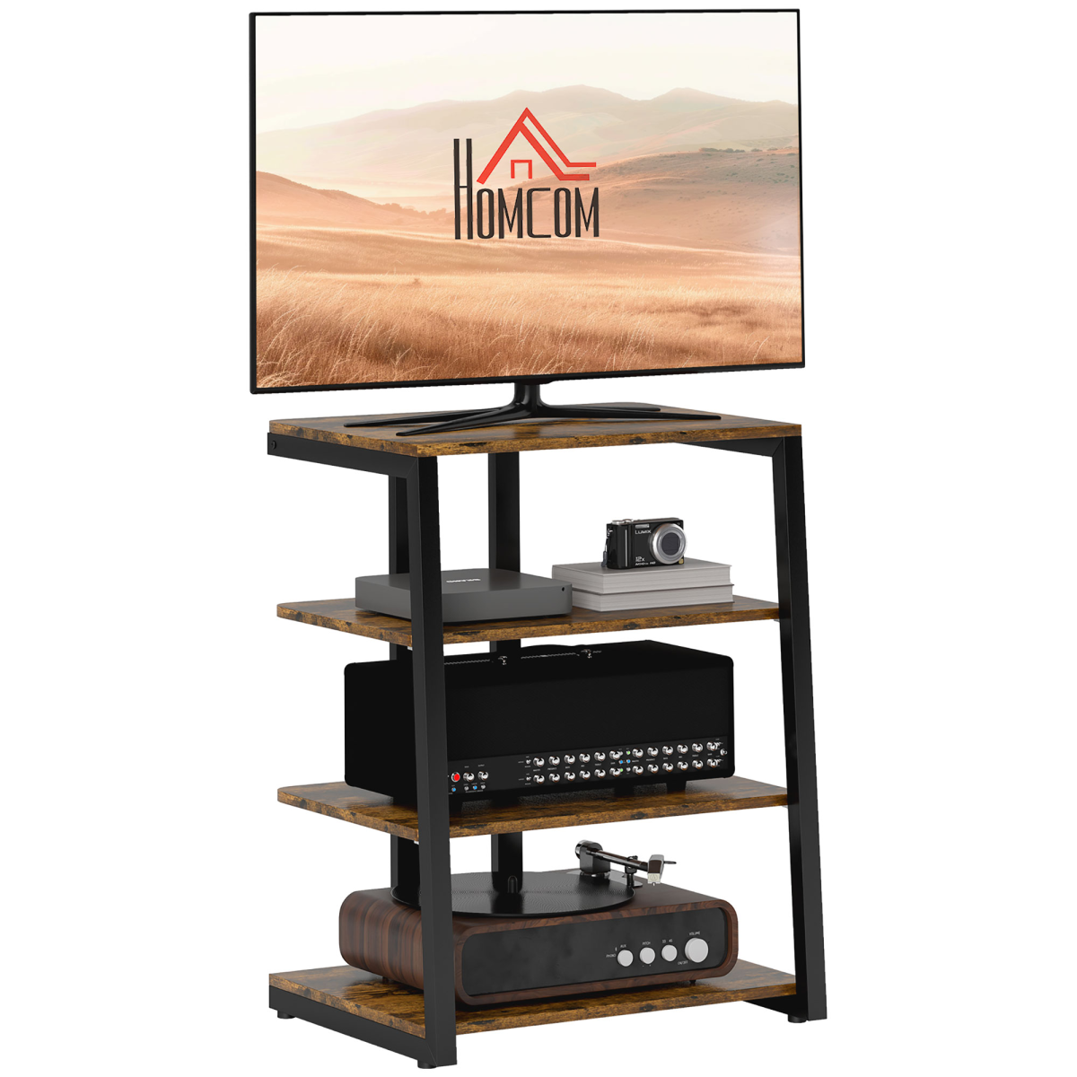 Homcom Hifi Rack Stand W/ 4-Tier Record Player Stand, Rustic Brown