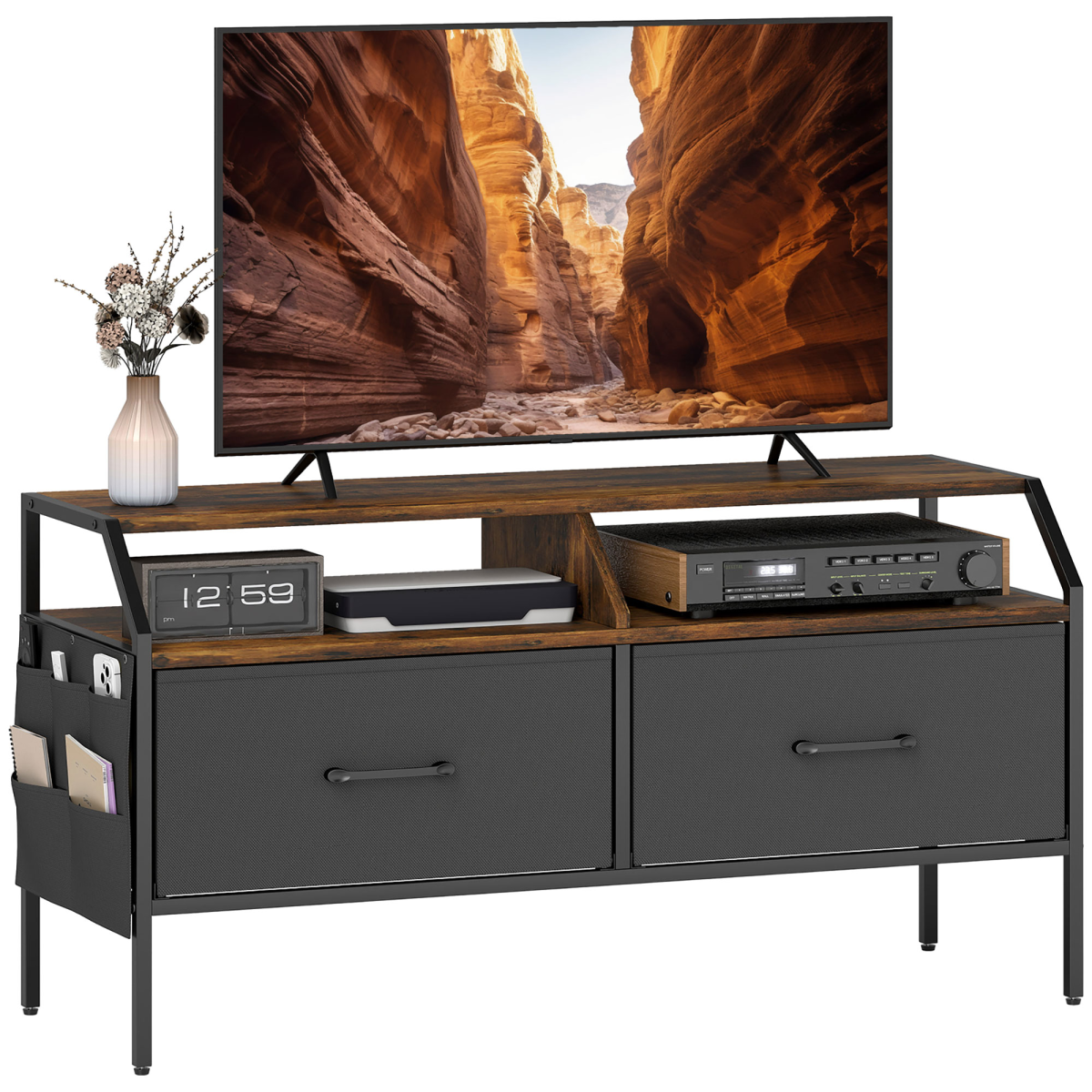 Homcom Tv Stand Cabinet With 2 Foldable Drawers, Rustic Brown