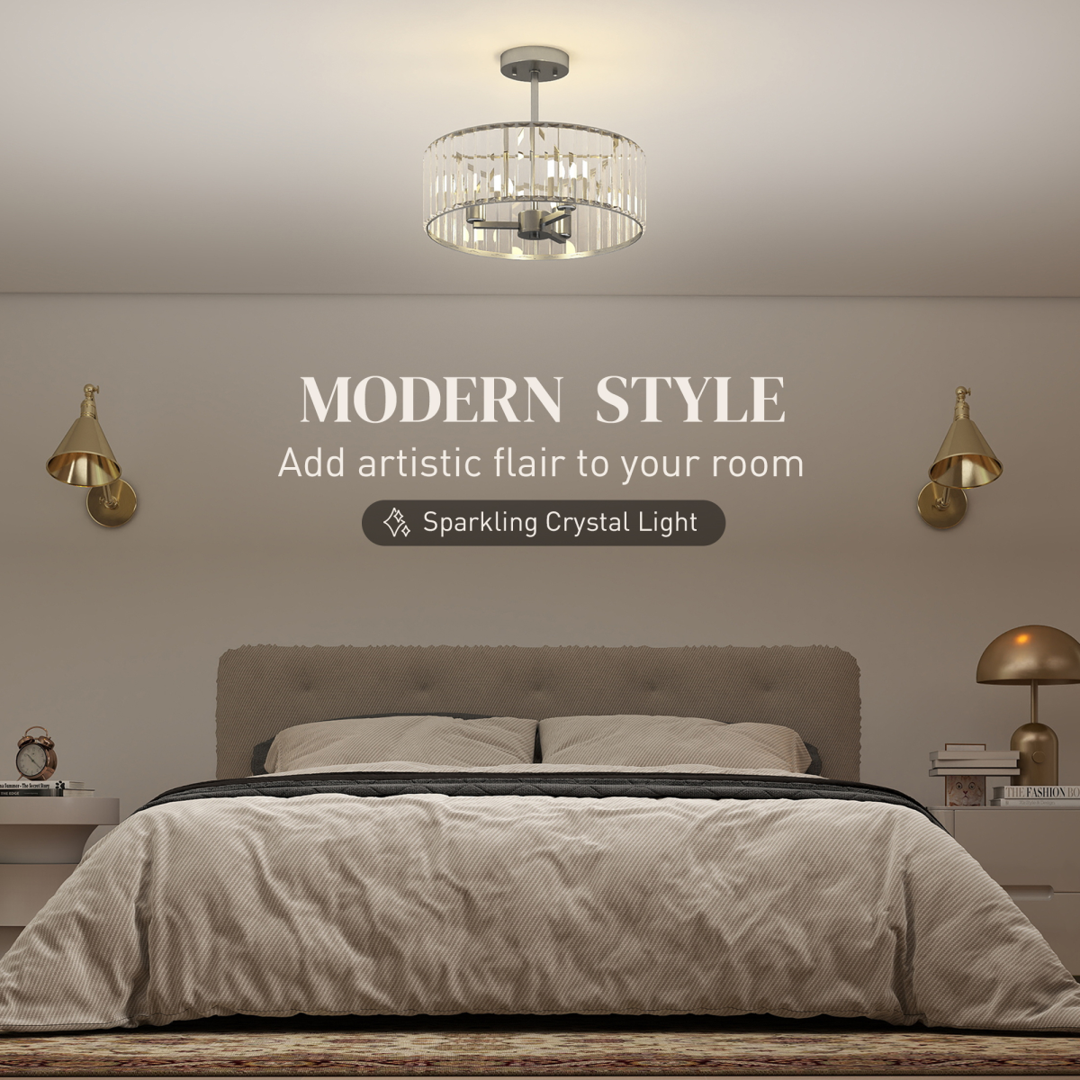 HOMCOM Semi Flush Mount Modern Crystal Chandelier Ceiling Light - Picture 14 of 30