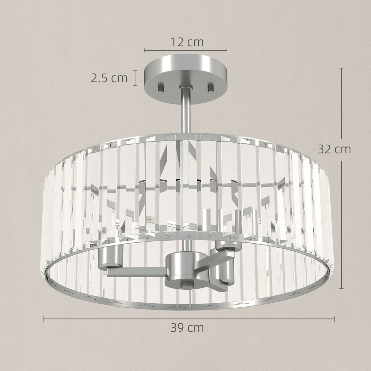 HOMCOM Semi Flush Mount Modern Crystal Chandelier Ceiling Light - Picture 16 of 30
