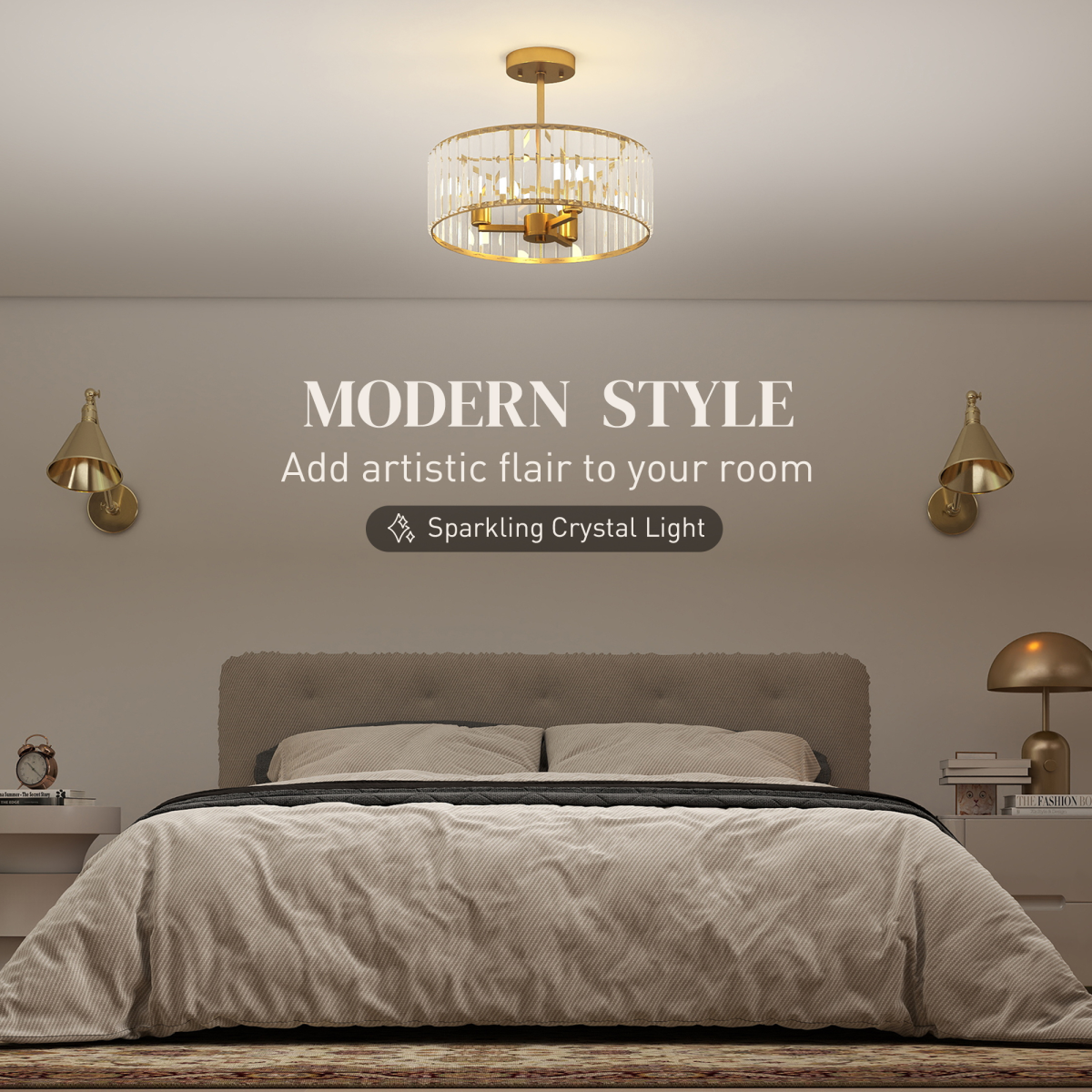 HOMCOM Semi Flush Mount Modern Crystal Chandelier Ceiling Light - Picture 24 of 30