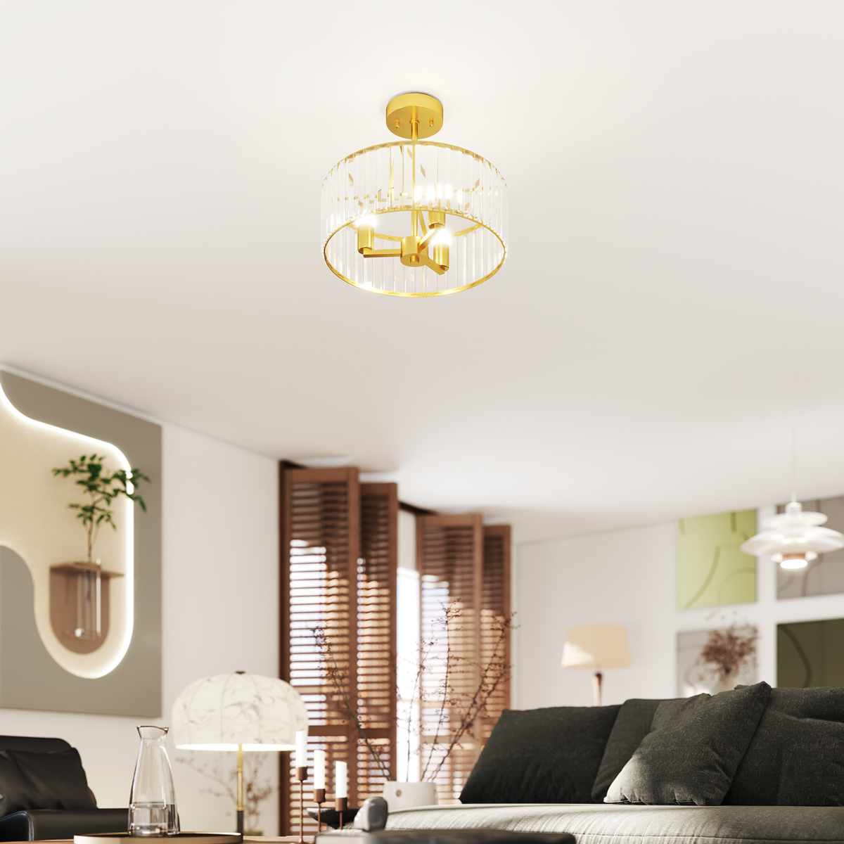 HOMCOM Semi Flush Mount Modern Crystal Chandelier Ceiling Light - Picture 30 of 30