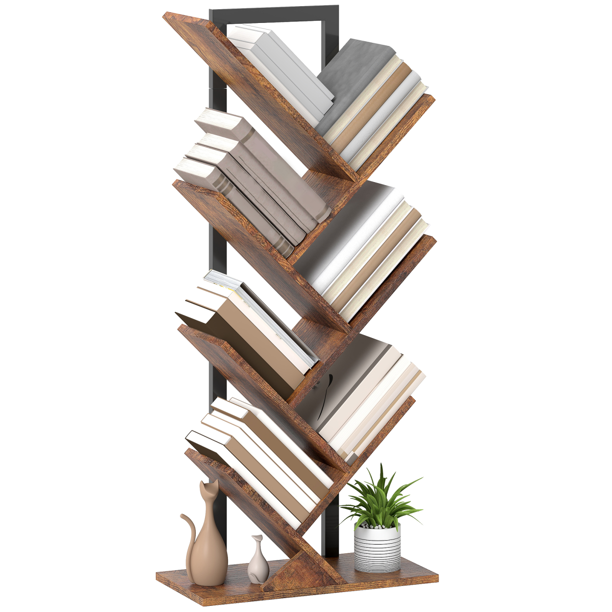 Homcom 7-Tier Tree Bookshelf With Steel Frame For Living Room, Rustic Brown