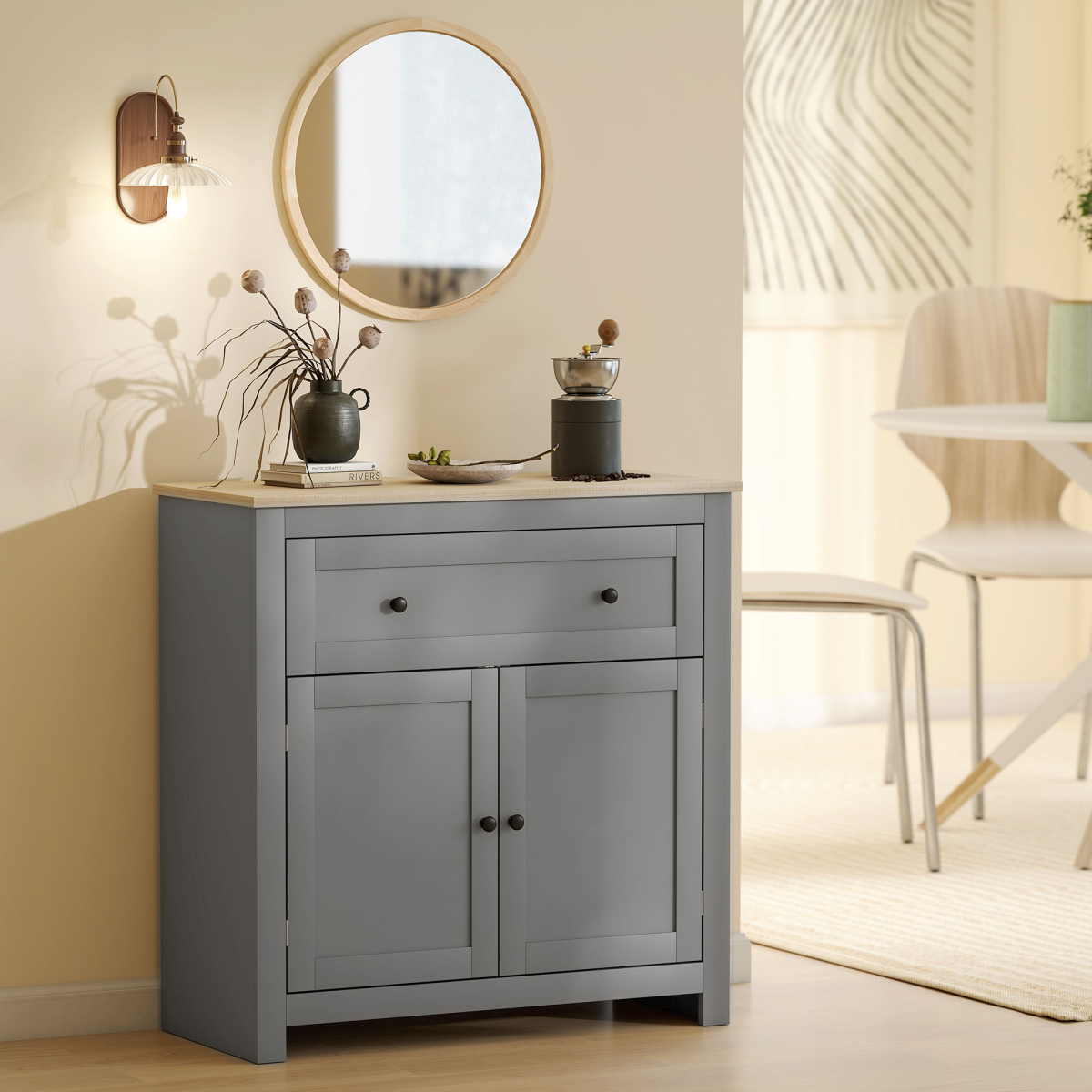 Sideboard Storage Cabinet with Drawer Adjustable Shelf Grey Oak Cupboard Modern