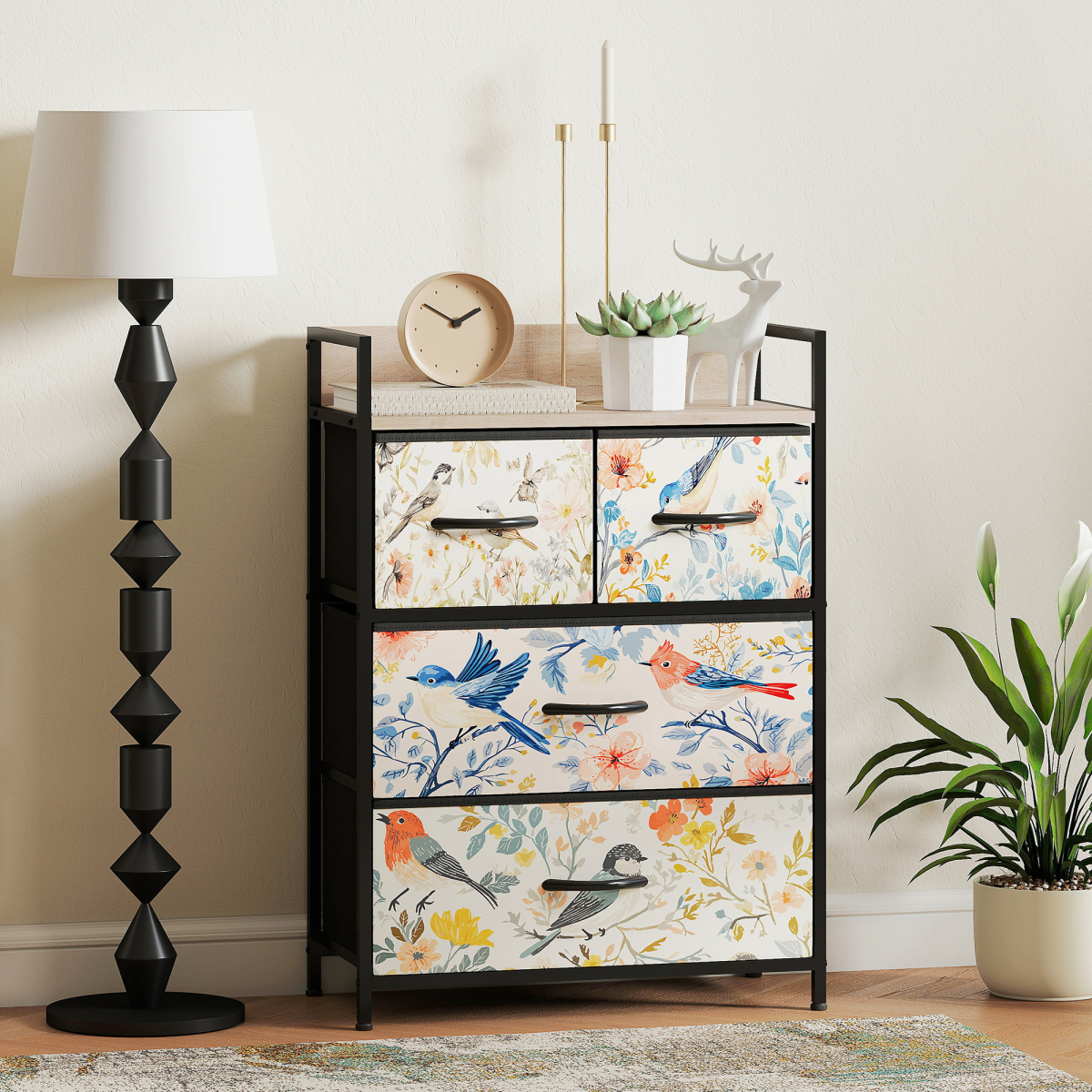 4 Drawer Fabric Chest of Drawers with Shelf Bedroom Storage Dresser Blue Unit - Produktbild 1