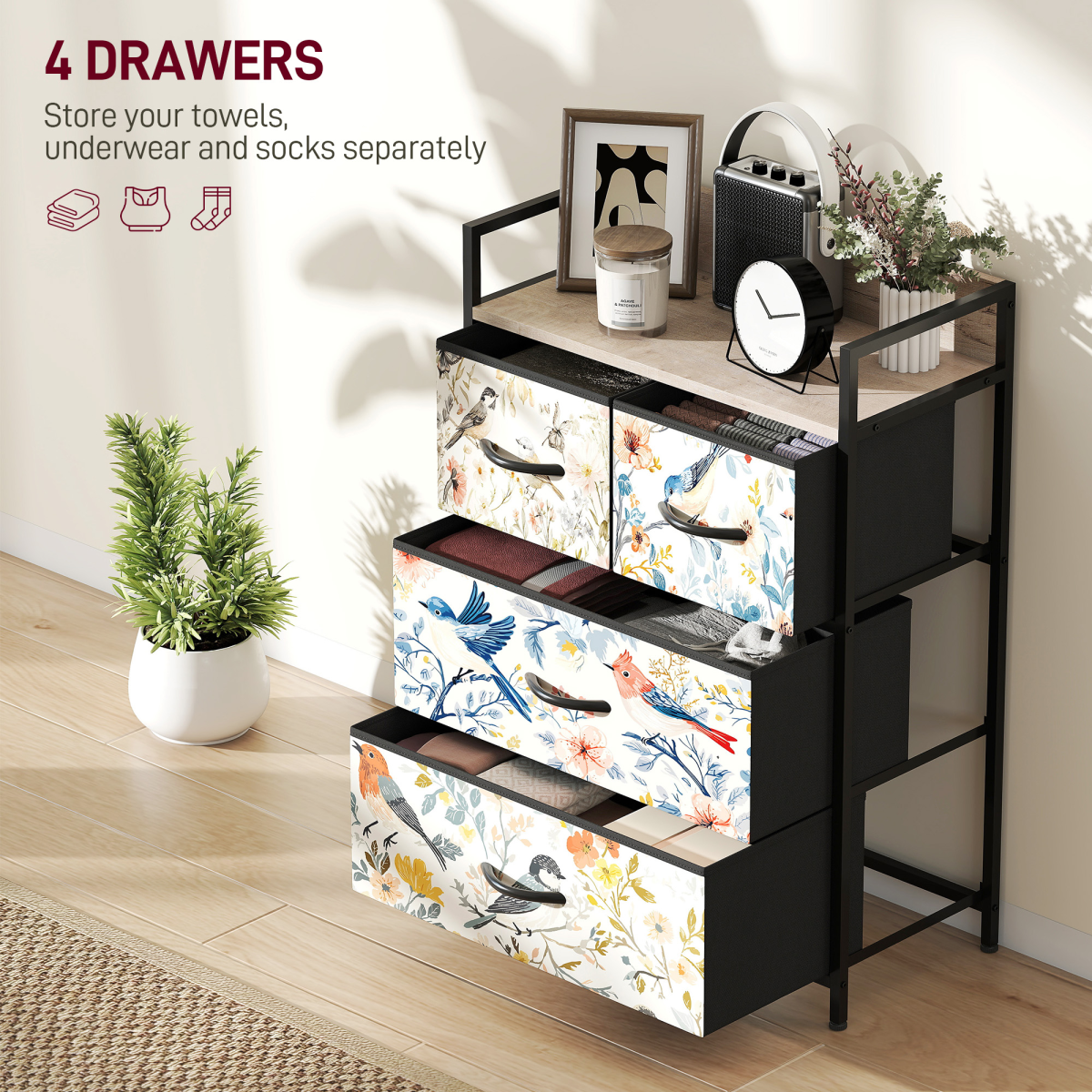 4 Drawer Fabric Chest of Drawers with Shelf Bedroom Storage Dresser Blue Unit - Produktbild 2