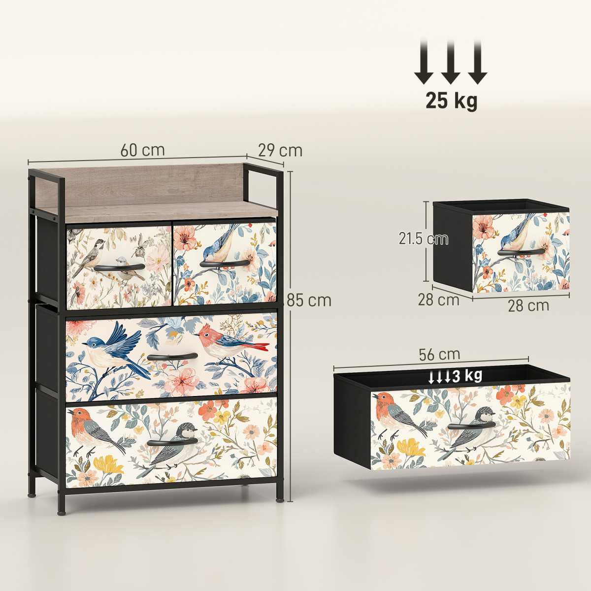 4 Drawer Fabric Chest of Drawers with Shelf Bedroom Storage Dresser Blue Unit - Produktbild 4