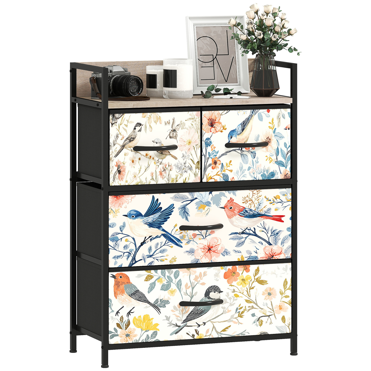 4 Drawer Fabric Chest of Drawers with Shelf Bedroom Storage Dresser Blue Unit