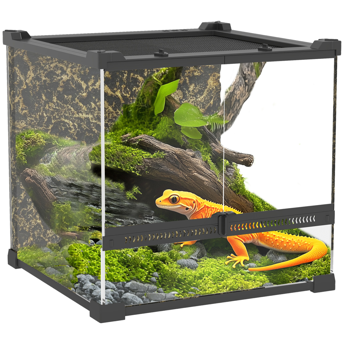 PawHut 24L Glass Terrarium, Reptile Vivarium with Stone Background, Black