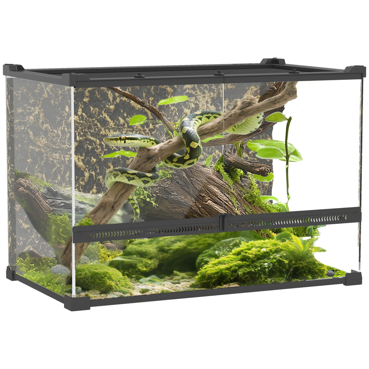 PawHut 48L Glass Terrarium Reptile Vivarium with Stone Background - Black
