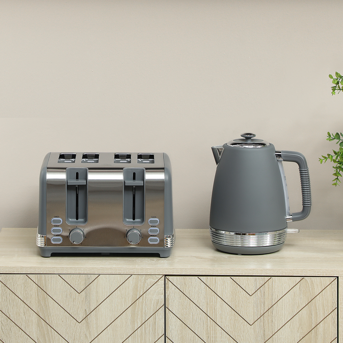 Grey Kettle Toaster Set 1.7L 4 Slice Stainless Steel Breakfast Appliance Set